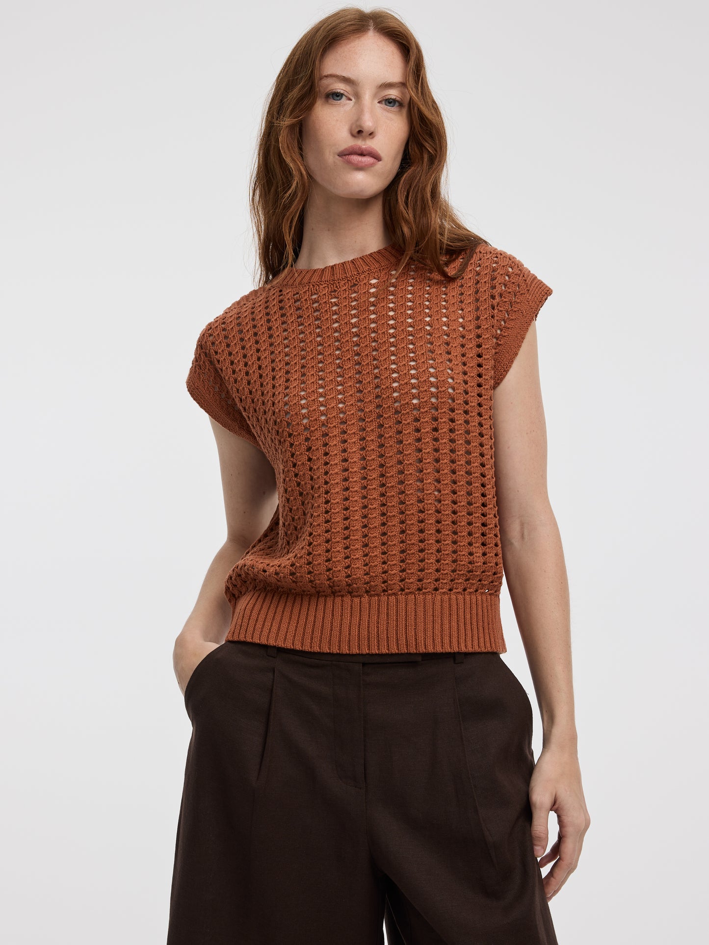 Extended-Sleeve Crew-Neck Sweater with Open Stitches