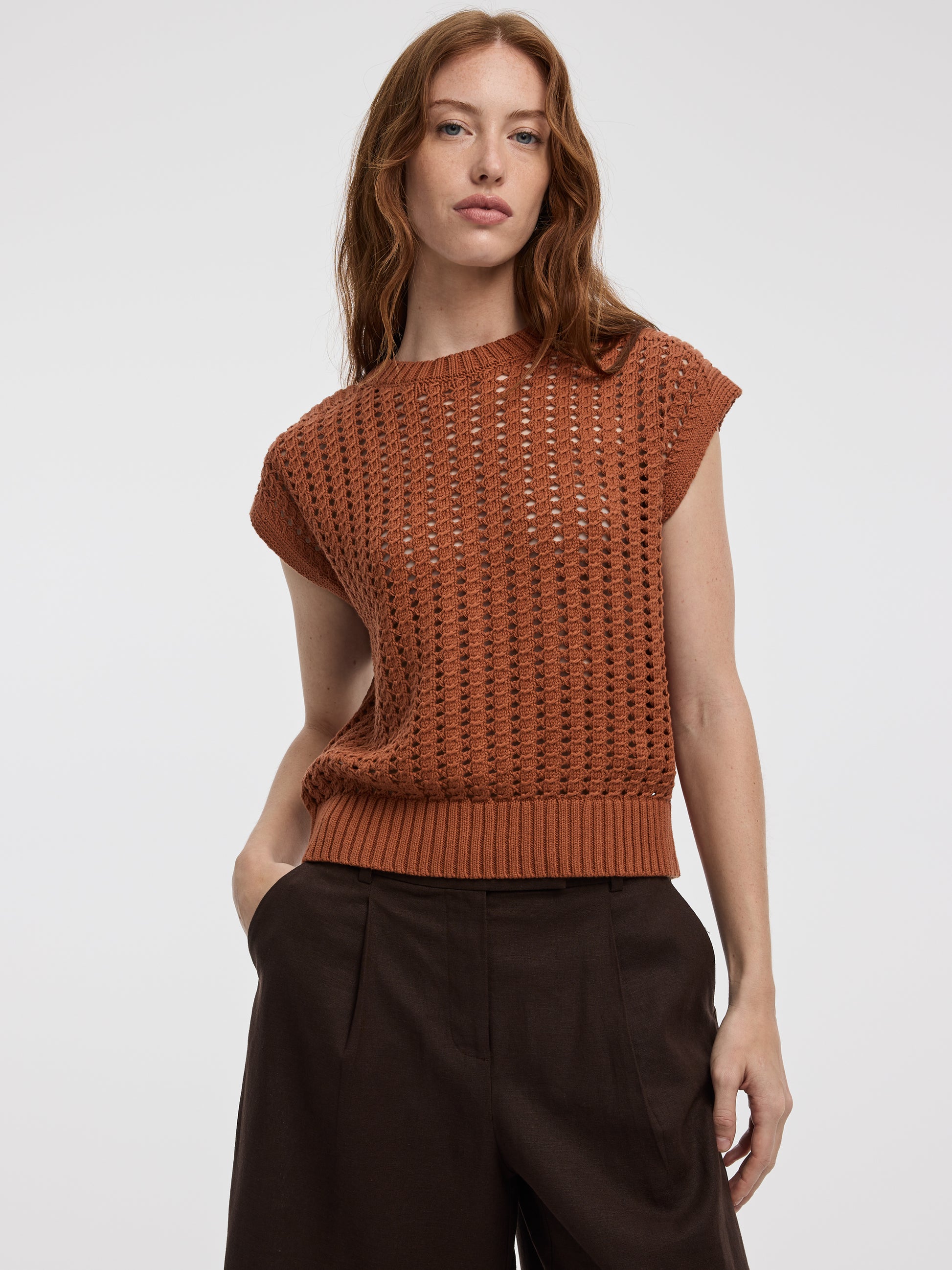 Extended-Sleeve Crew-Neck Sweater with Open Stitches