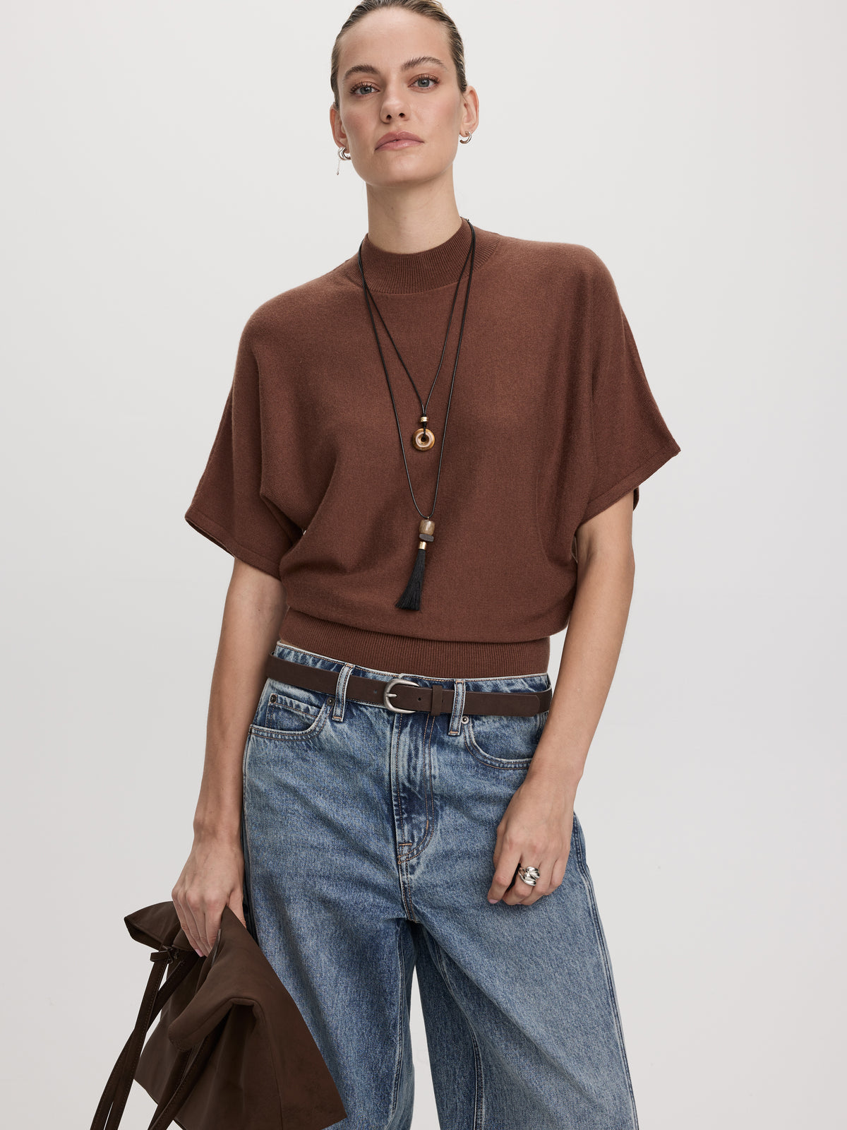 Merino-Blend Short-Sleeve Mock-Neck Sweater