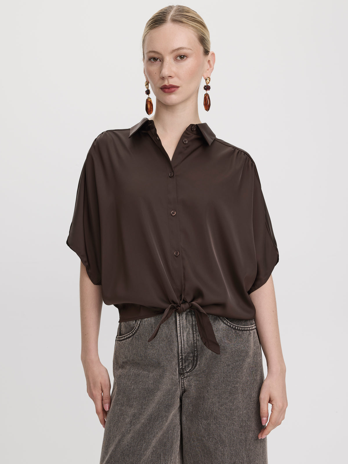 Short-Sleeve Blouse with Shirt Collar