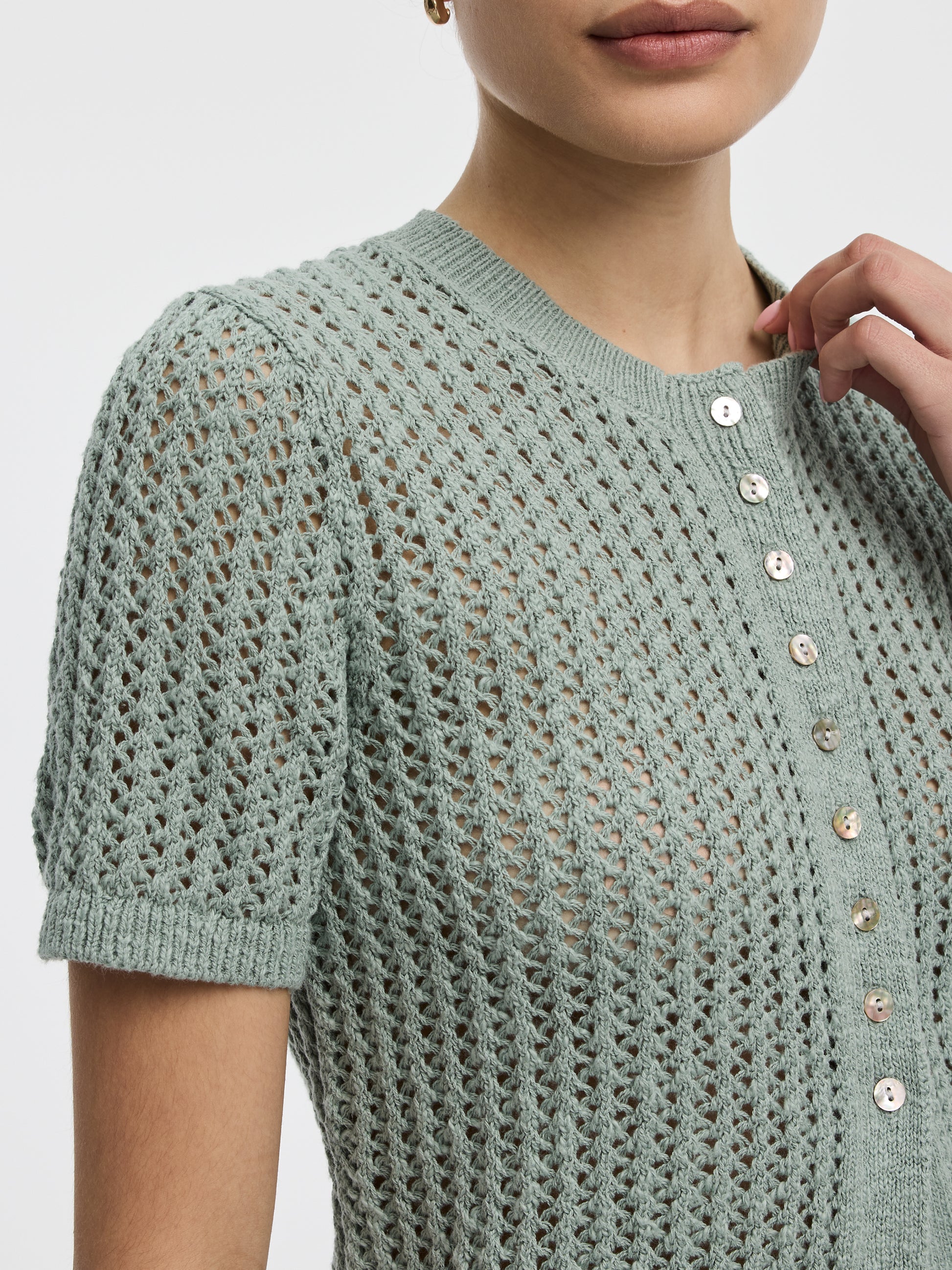 Short-Sleeve Crew-Neck Cardigan with Pointelle Stitches