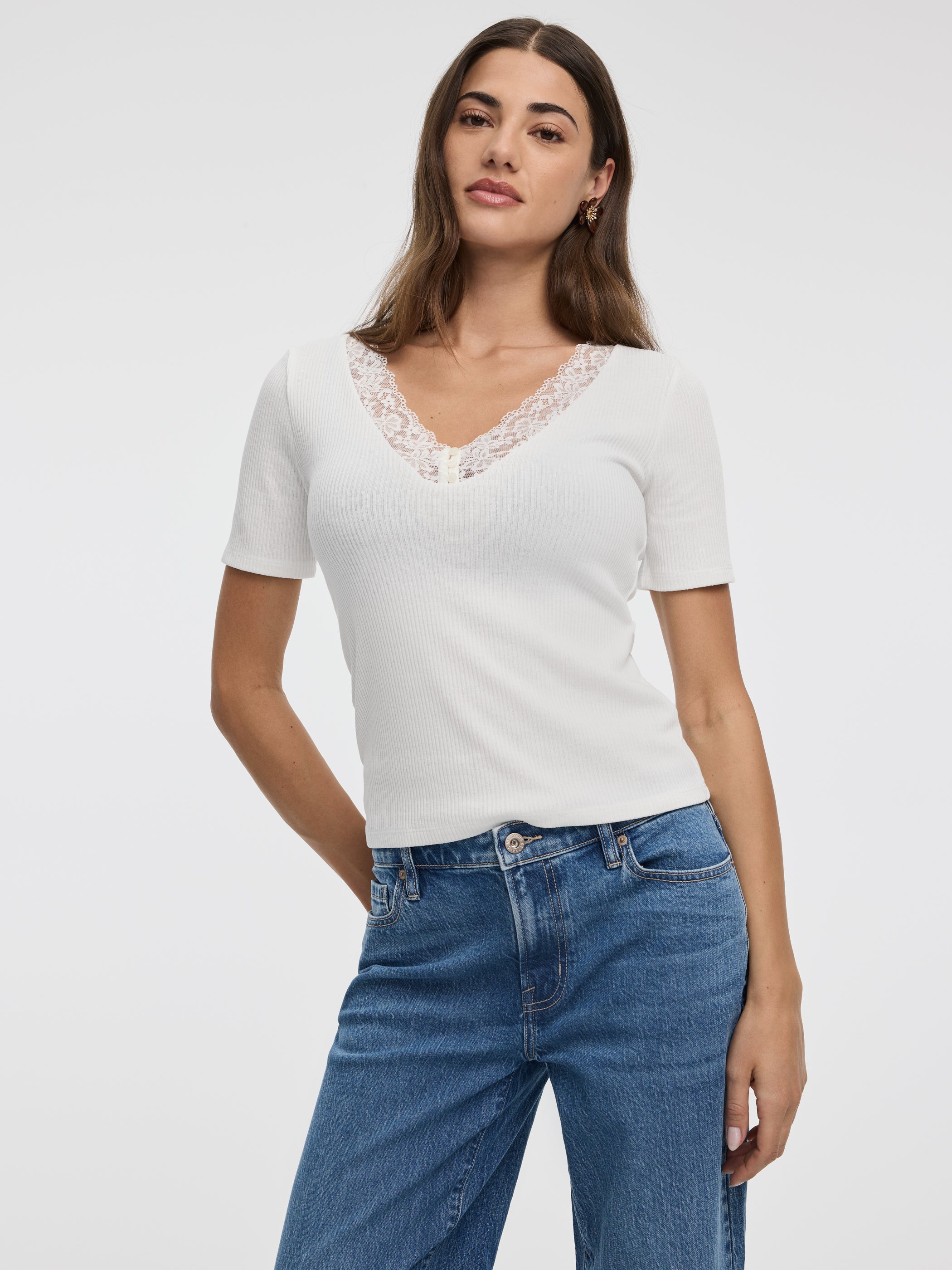 Short-Sleeve V-Neck Tee with Lace Trim