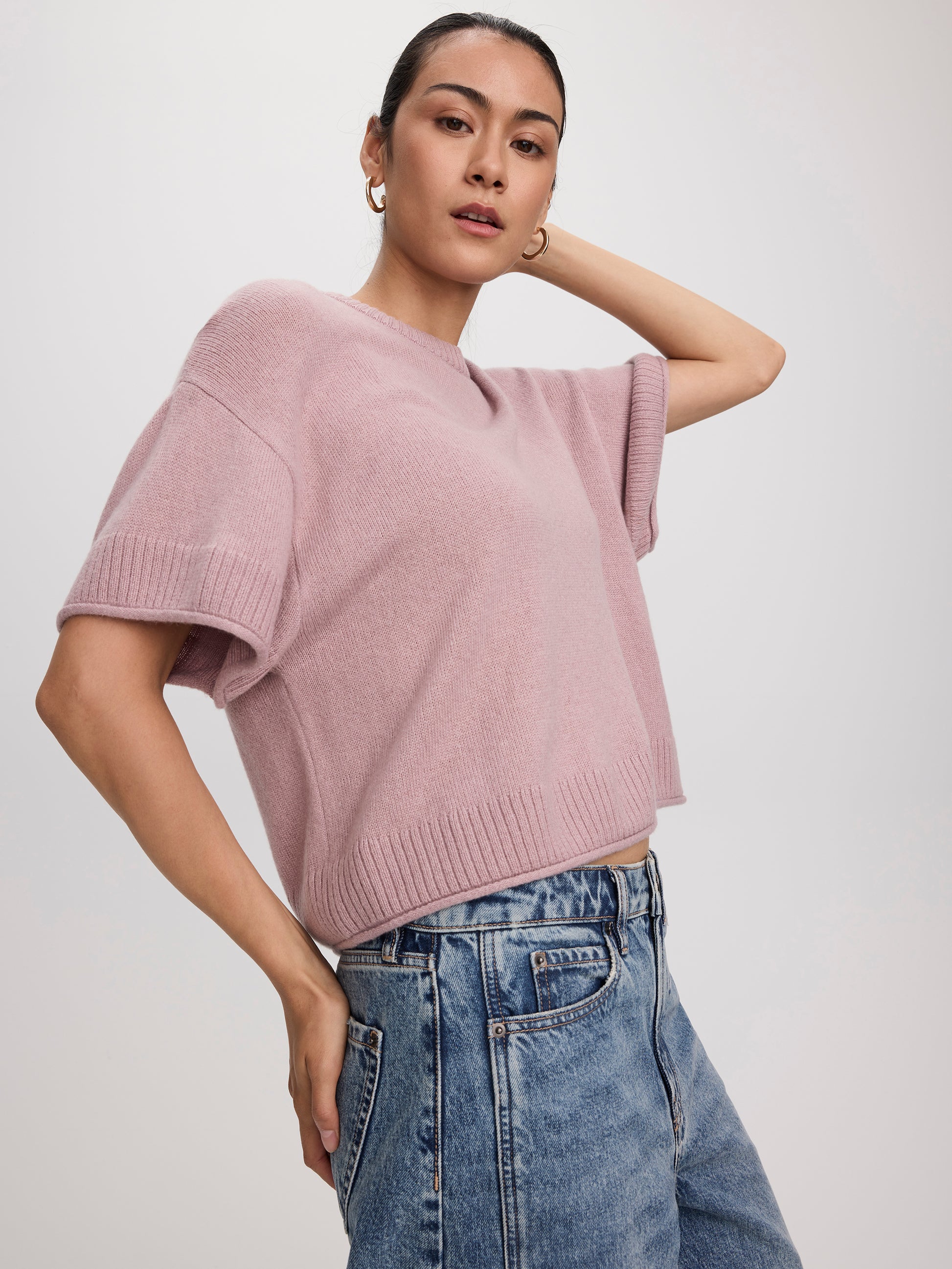 Cashmere-Blend Short-Sleeve Crew-Neck Loose Sweater