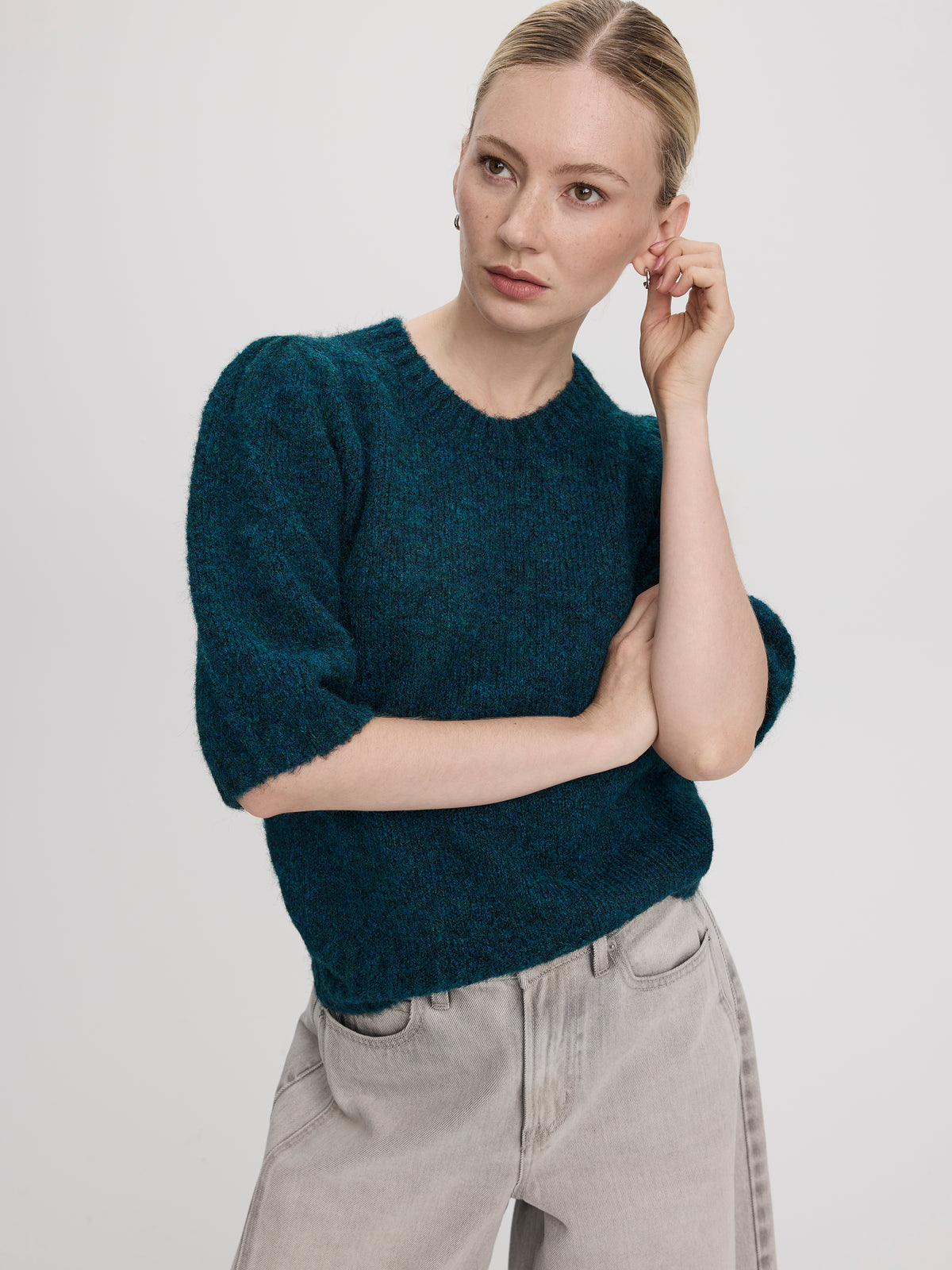 Elbow-Sleeve Crew-Neck Sweater