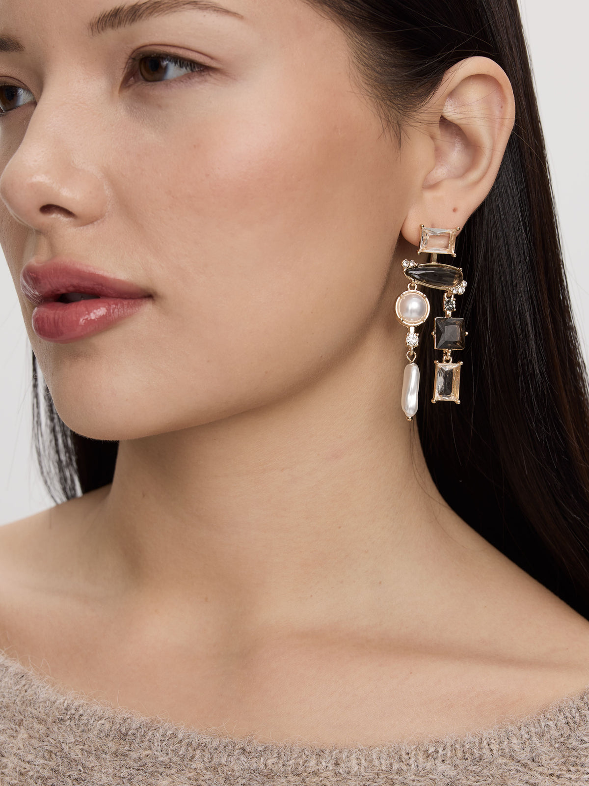 Stud Earrings with Pearl and Stone Pendants
