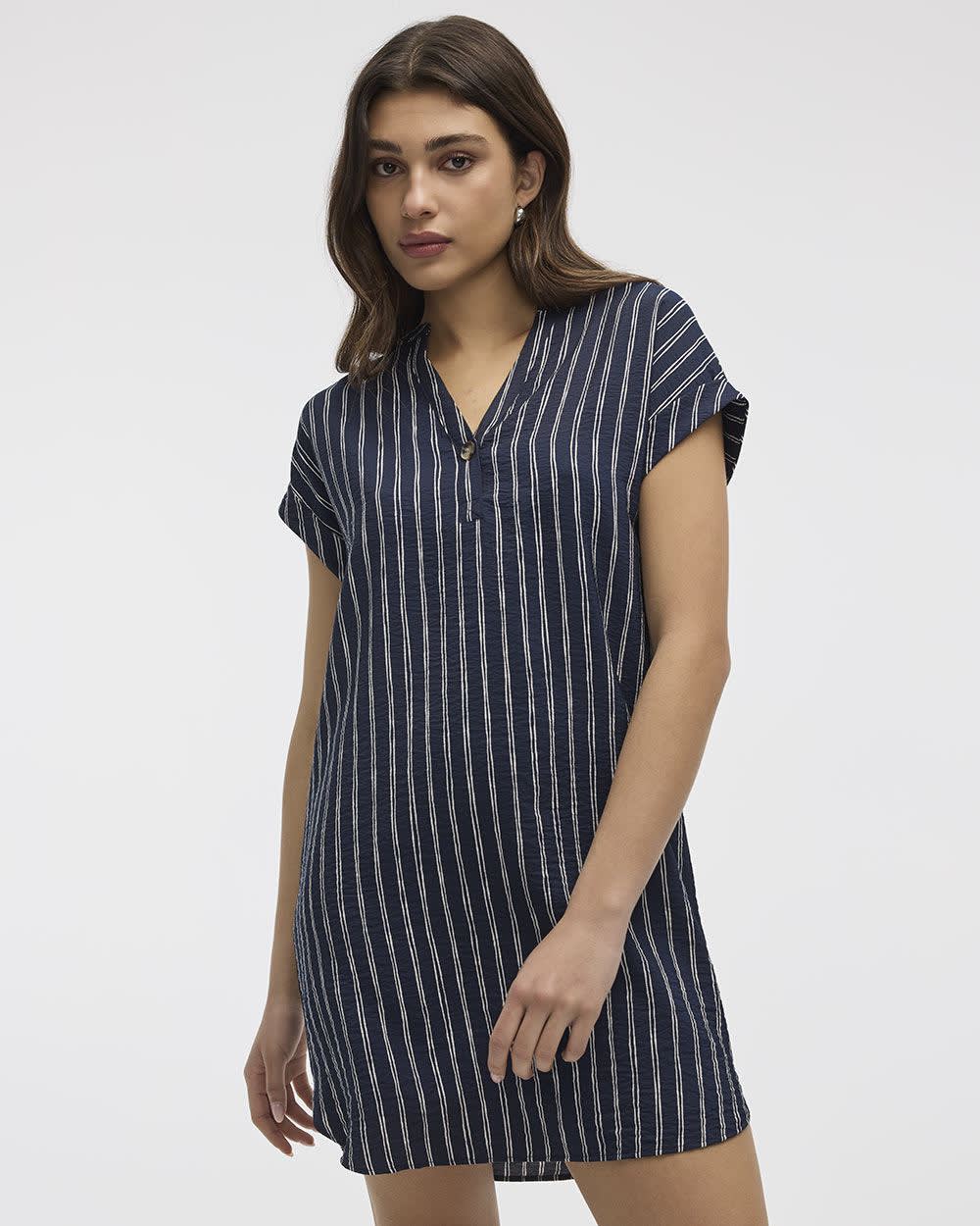 Extended-Sleeve Shift Dress with Split Neckline