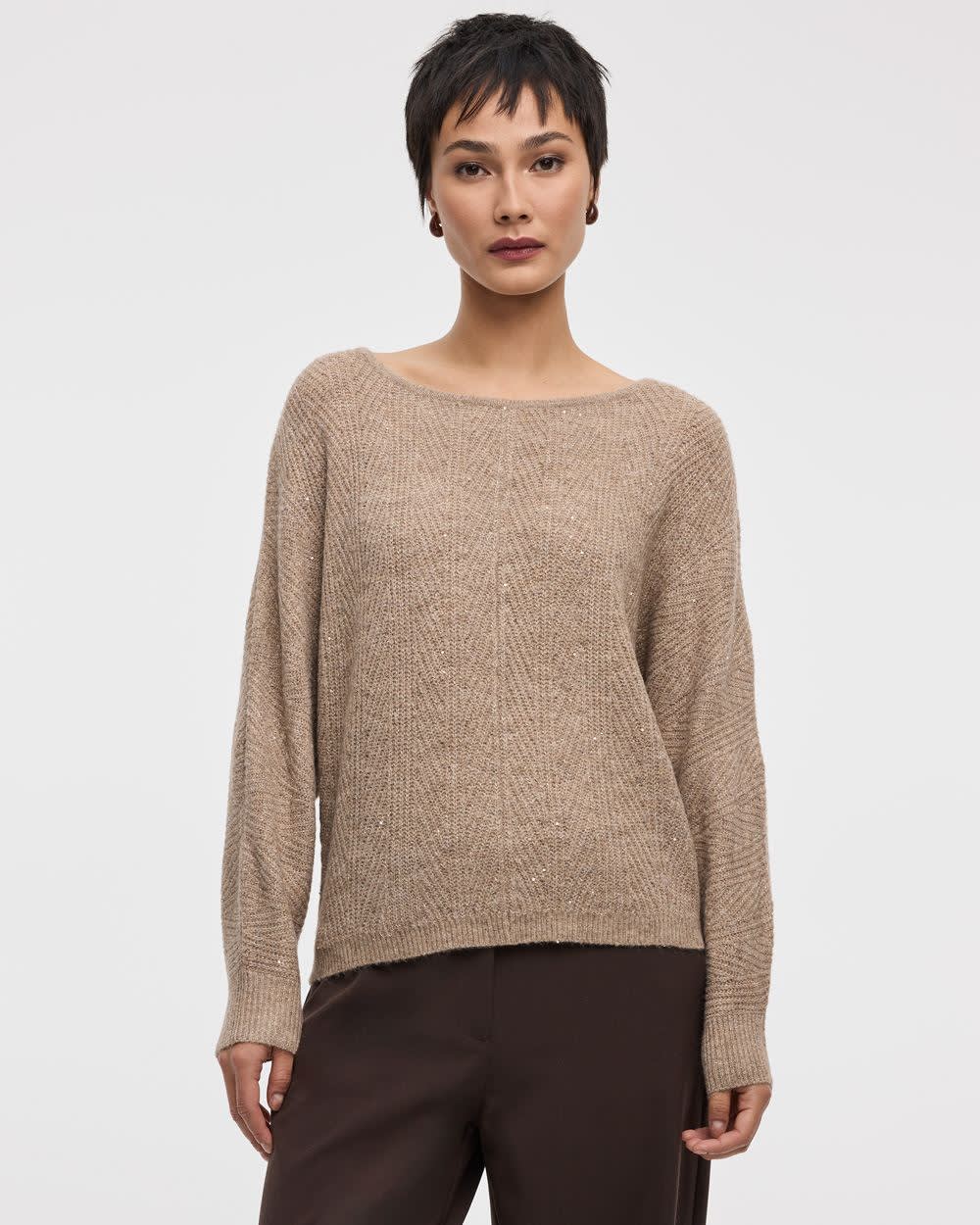 Long-Sleeve Boat-Neck Boxy Sweater with All-Over Sequins