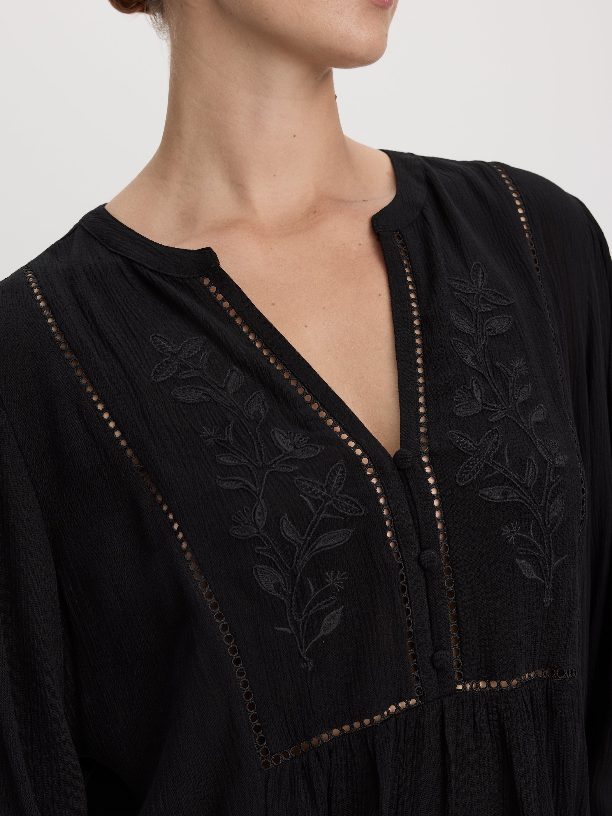 Long-Sleeve Split-Neck Blouse with Embroideries