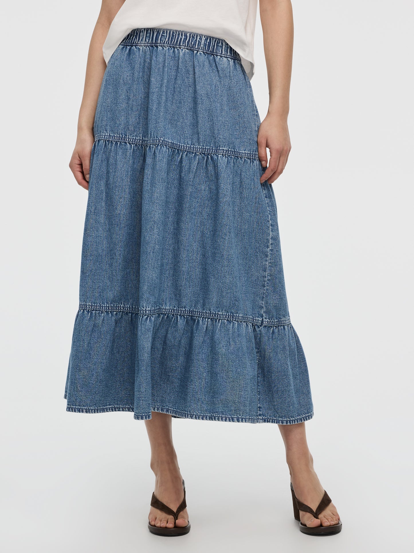Jupe midi étagée en denim à enfiler 