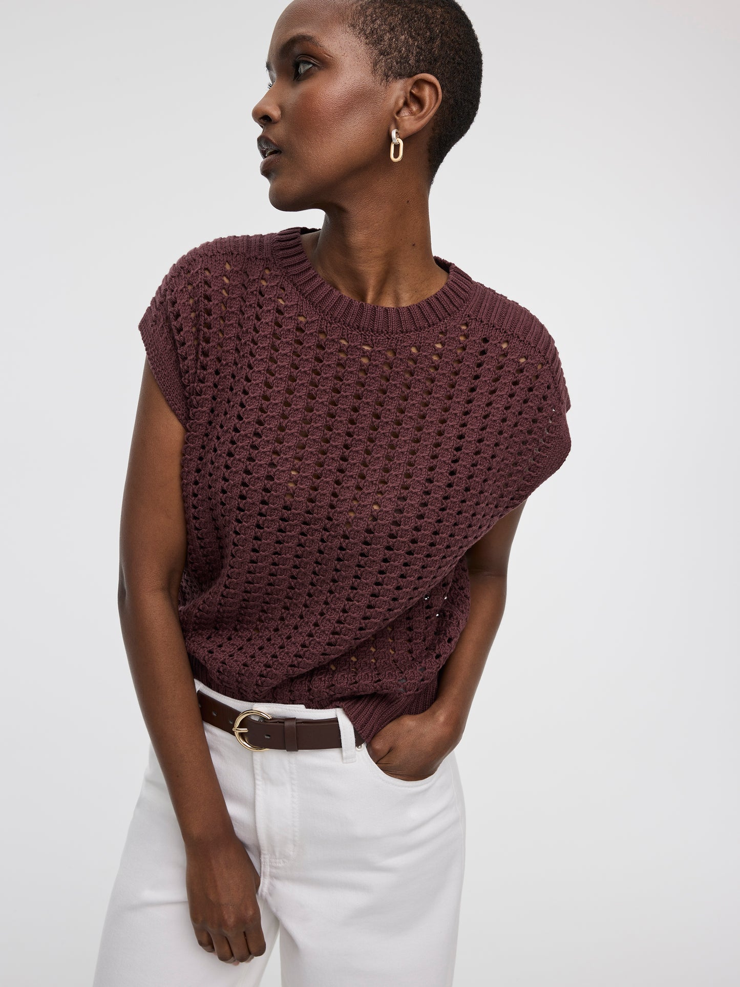 Extended-Sleeve Crew-Neck Sweater with Open Stitches