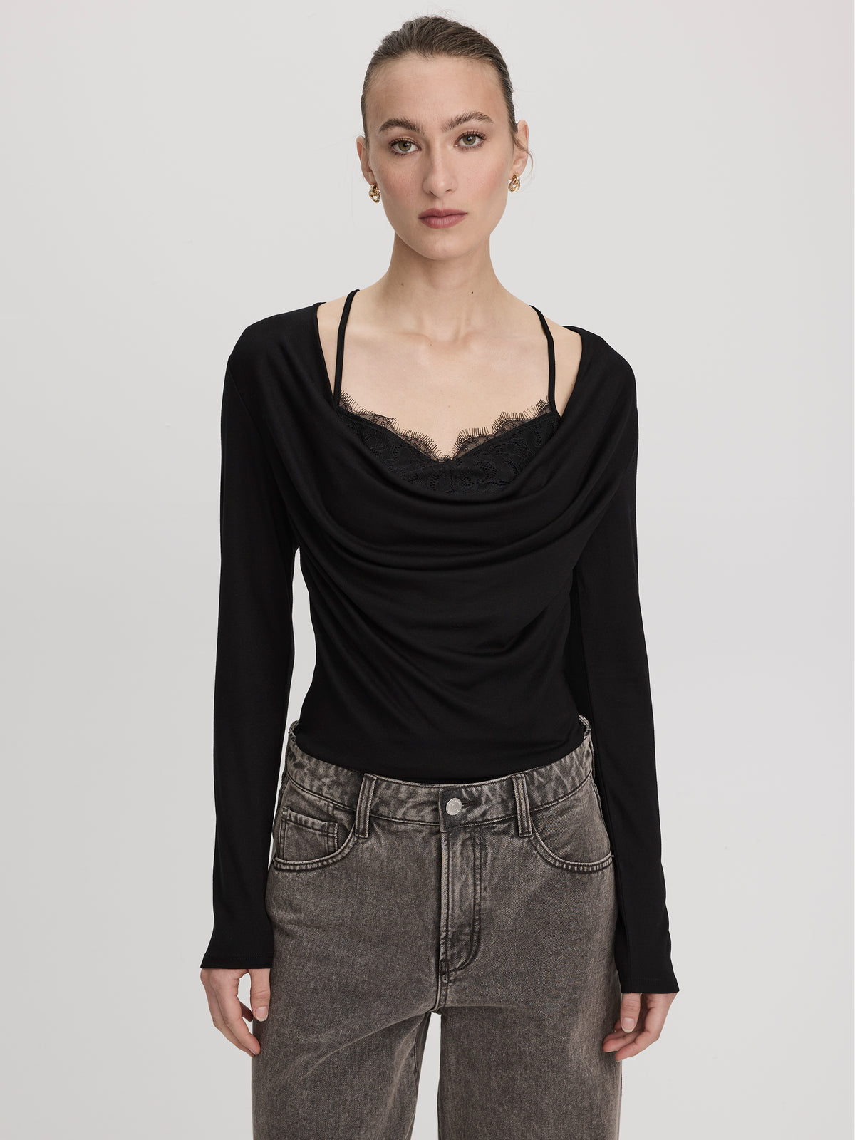 Long-Sleeve Cowl-Neck Top with Fooler Insert