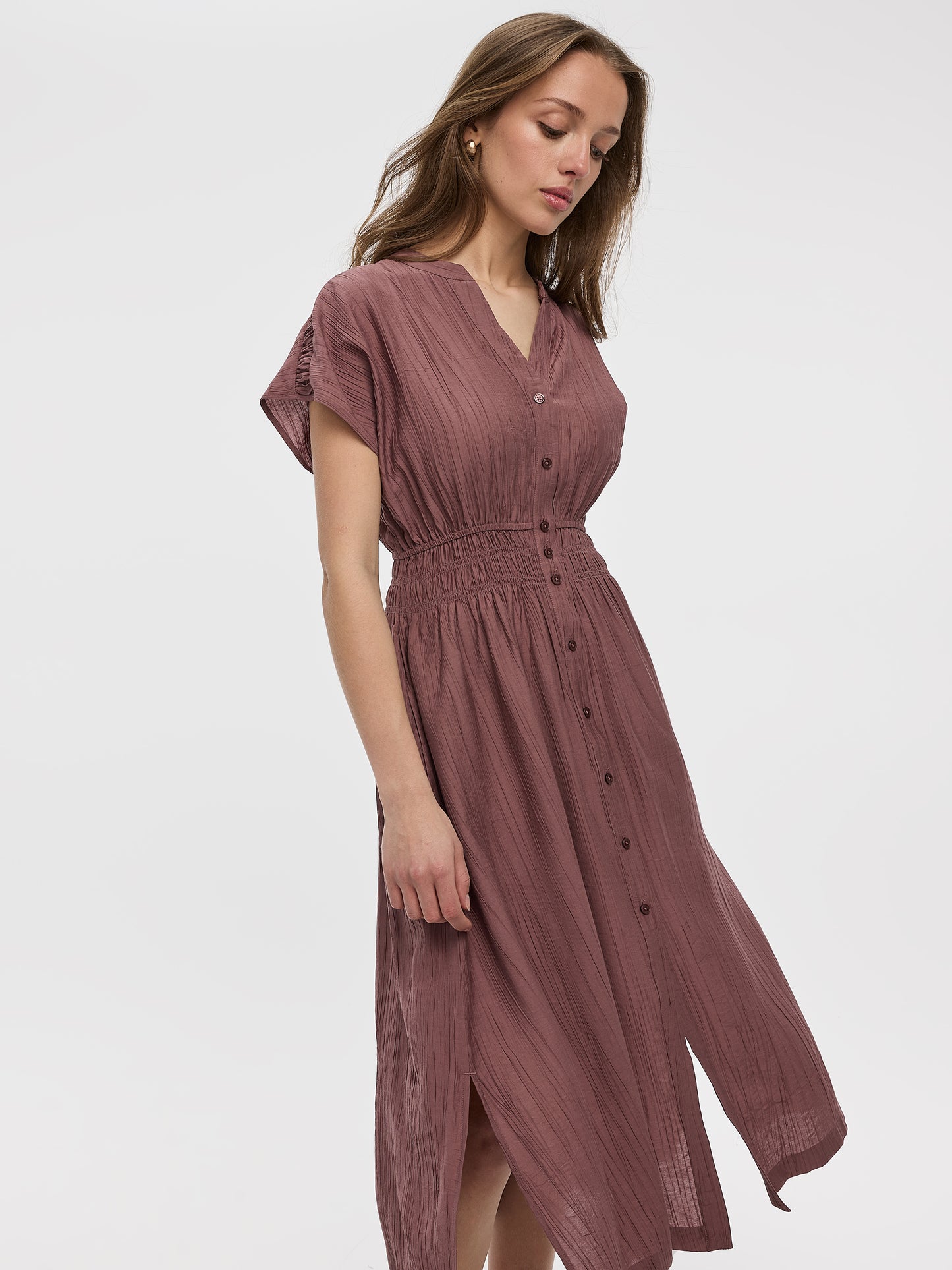 Elbow-Sleeve Midi Shirtdress