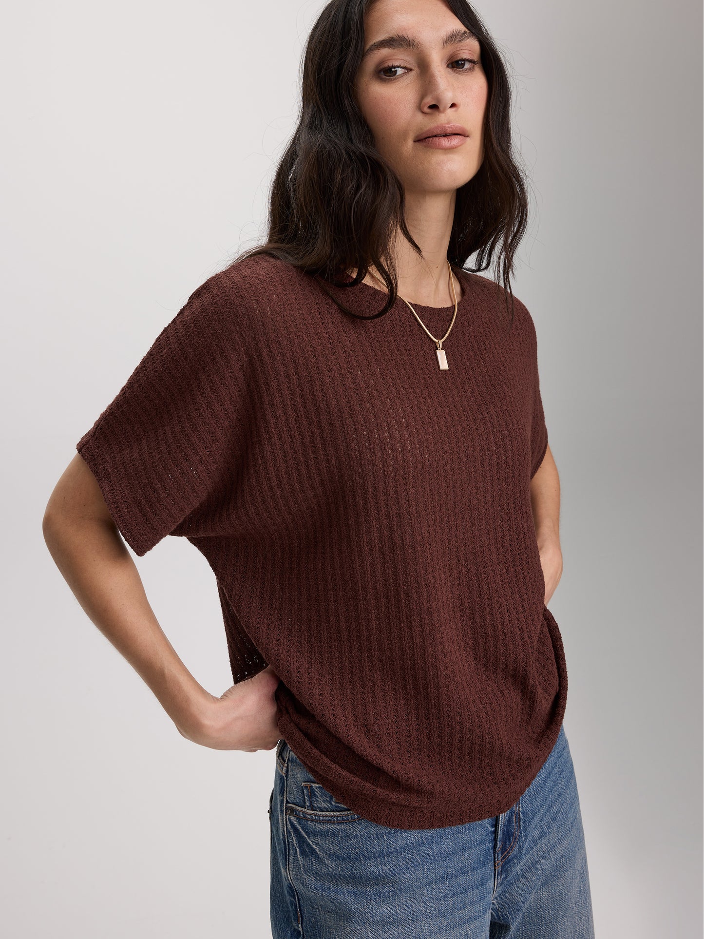 Short-Sleeve Crew-Neck T-Shirt with Pointelle Stitches