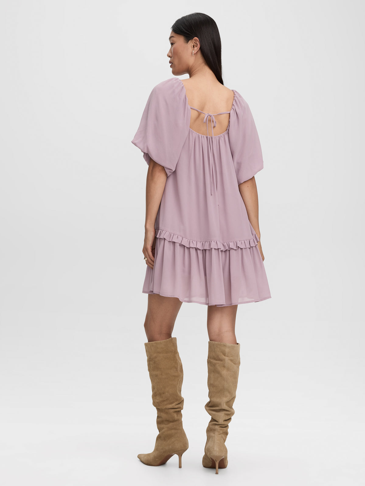 Square-Neck Mini Dress with Bubble Sleeves