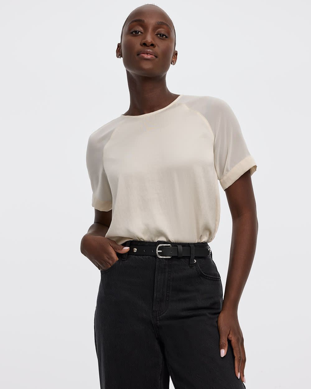 Short-Sleeve Crew-Neck Mix-Media Blouse