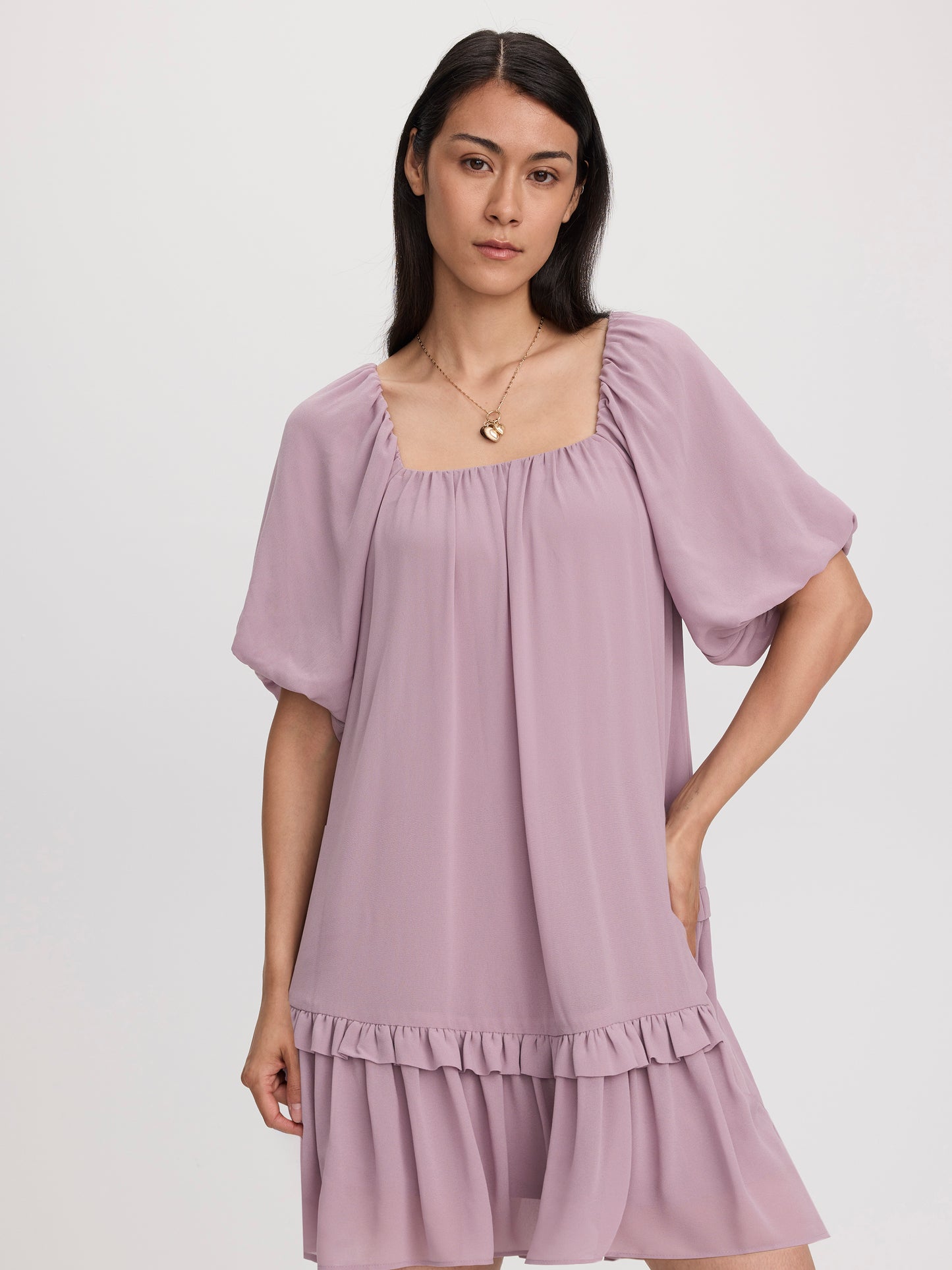 Square-Neck Mini Dress with Bubble Sleeves