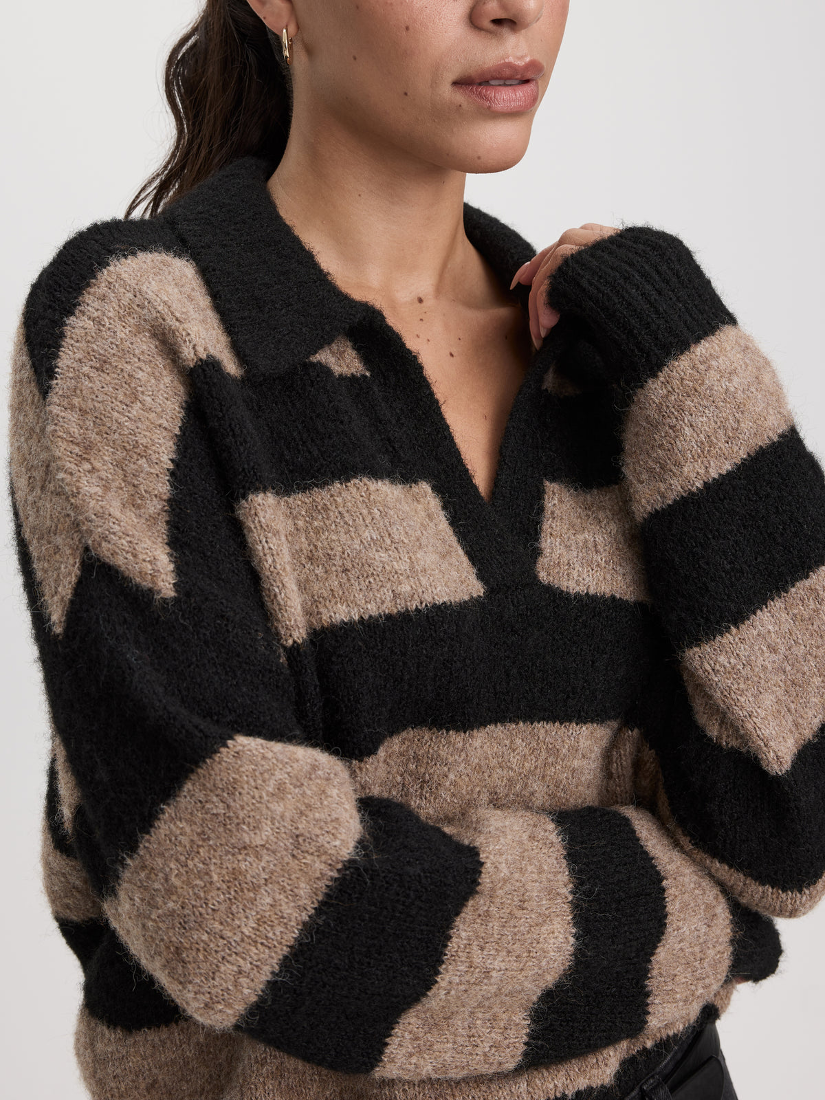 Striped Long-Sleeve Boxy Sweater with Johnny Collar