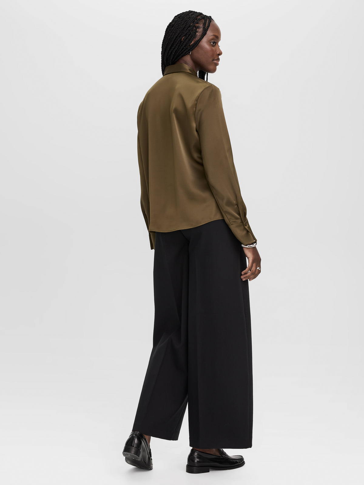 Long-Sleeve Loose Satin Blouse
