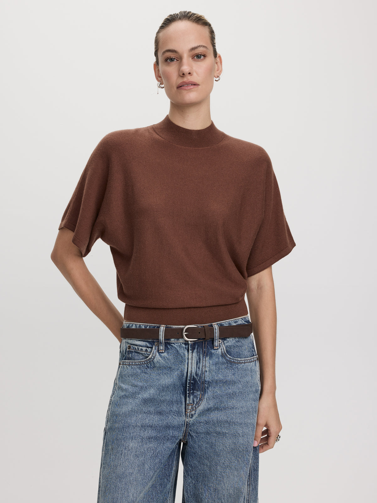 Merino-Blend Short-Sleeve Mock-Neck Sweater