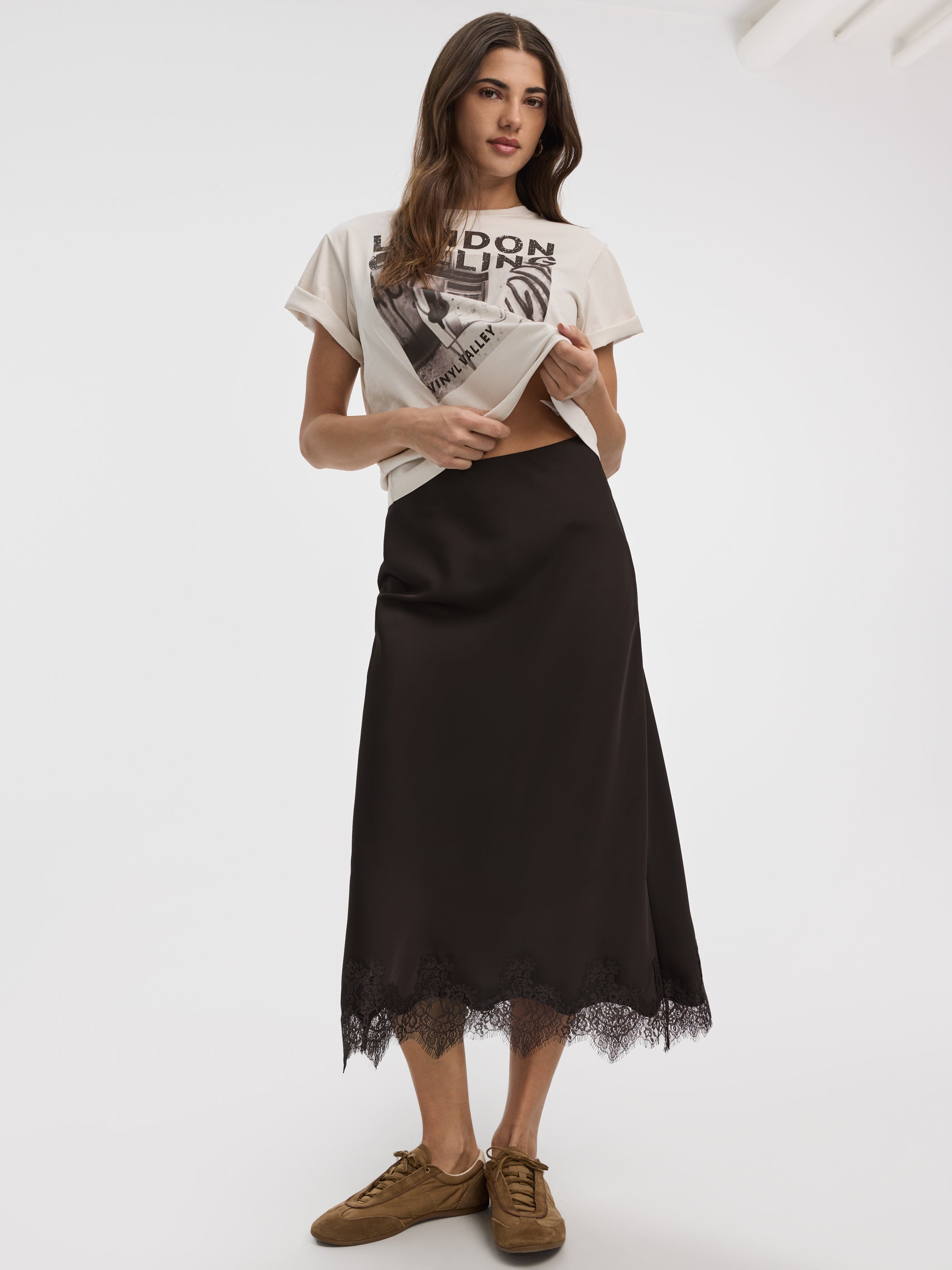 Satin A-Line Midi Skirt with Lace Trim