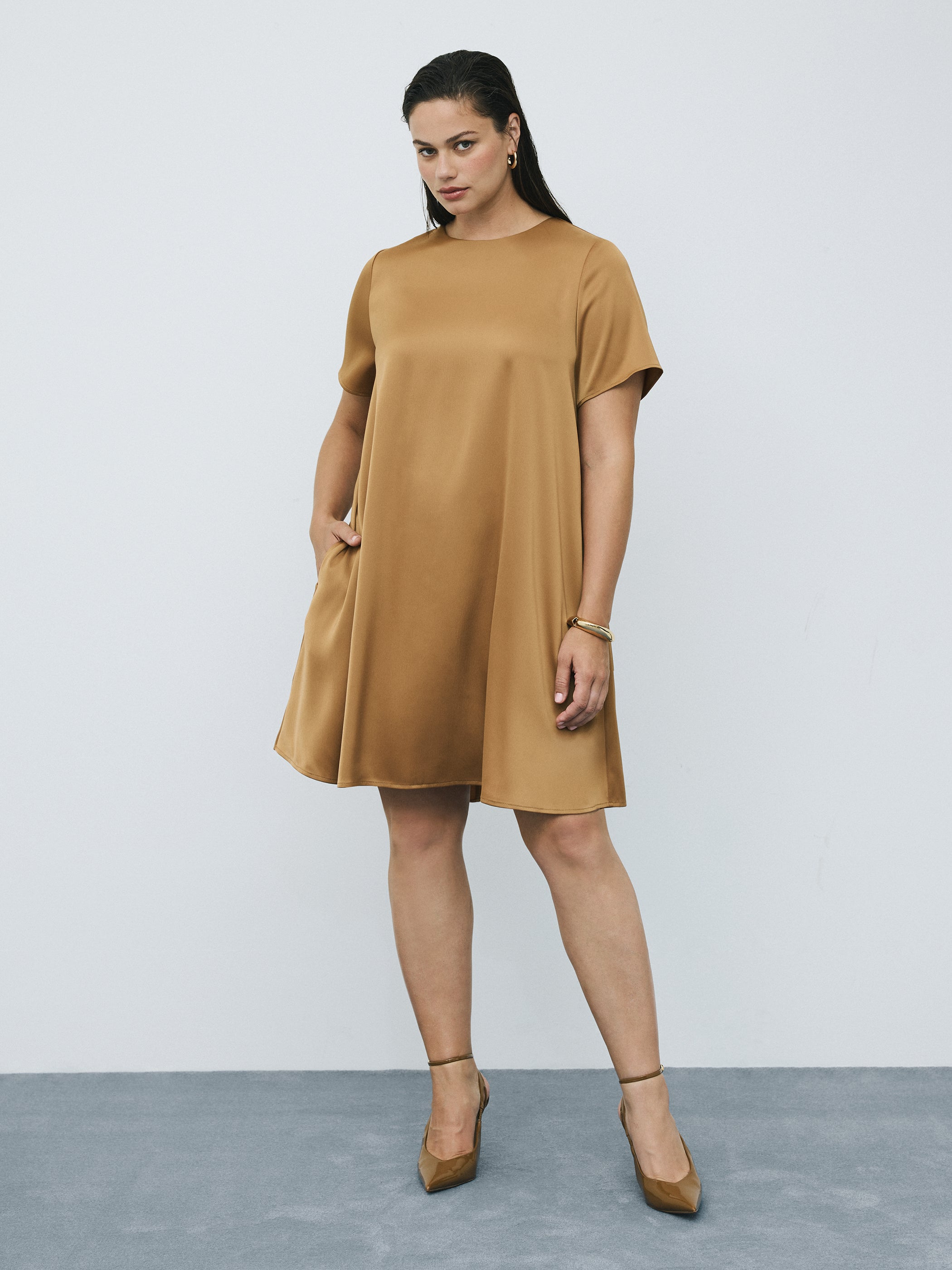 Short-Sleeve Crew-Neck Swing Satin Mini Dress