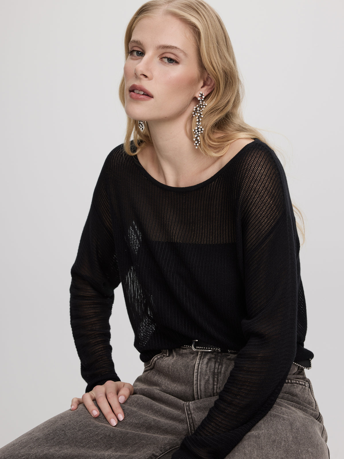 Semi-Sheer Long-Sleeve Boat-Neck Sweater