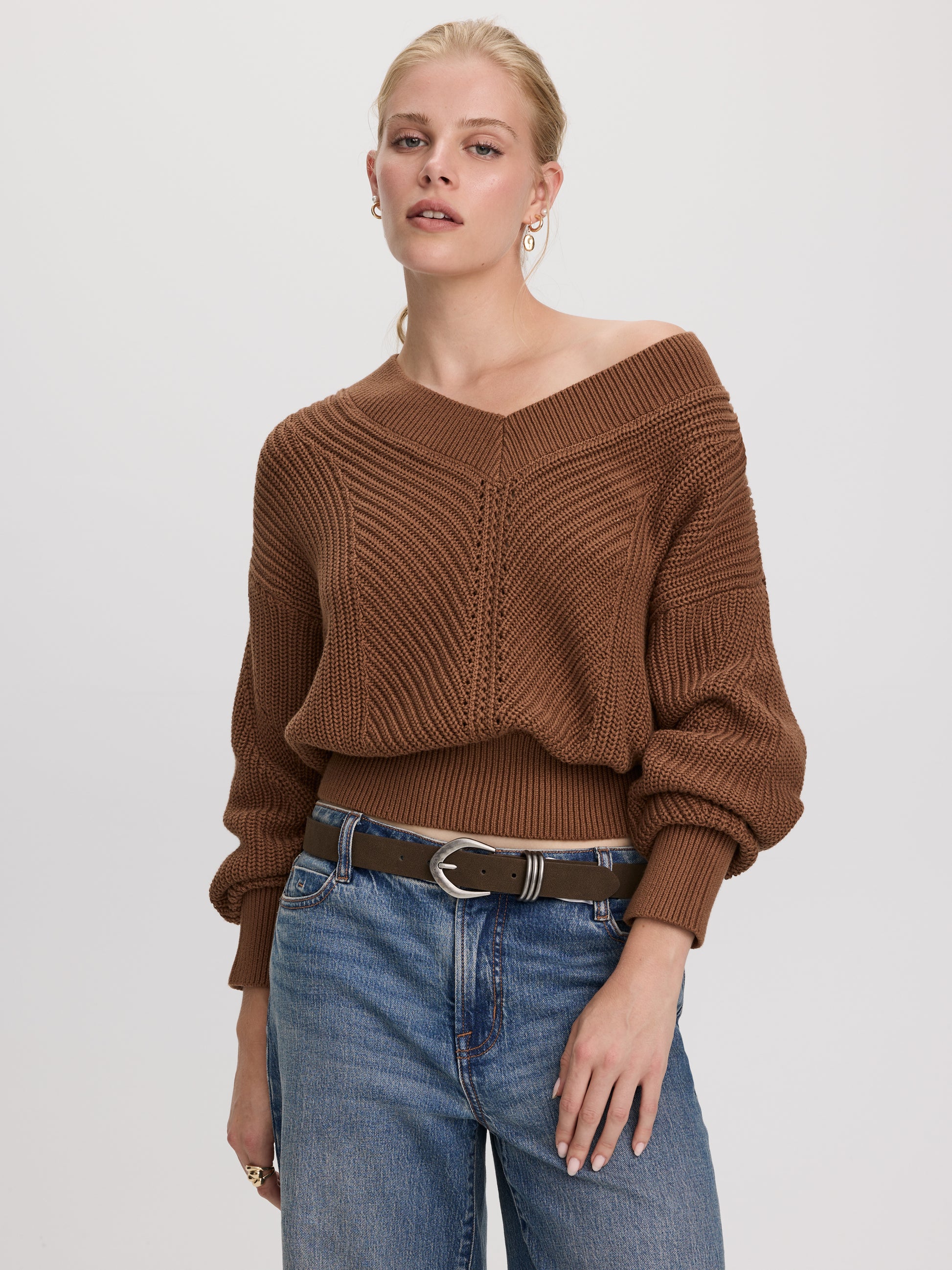 Long-Sleeve V-Neck Sweater with Half-Cardigan Stitches