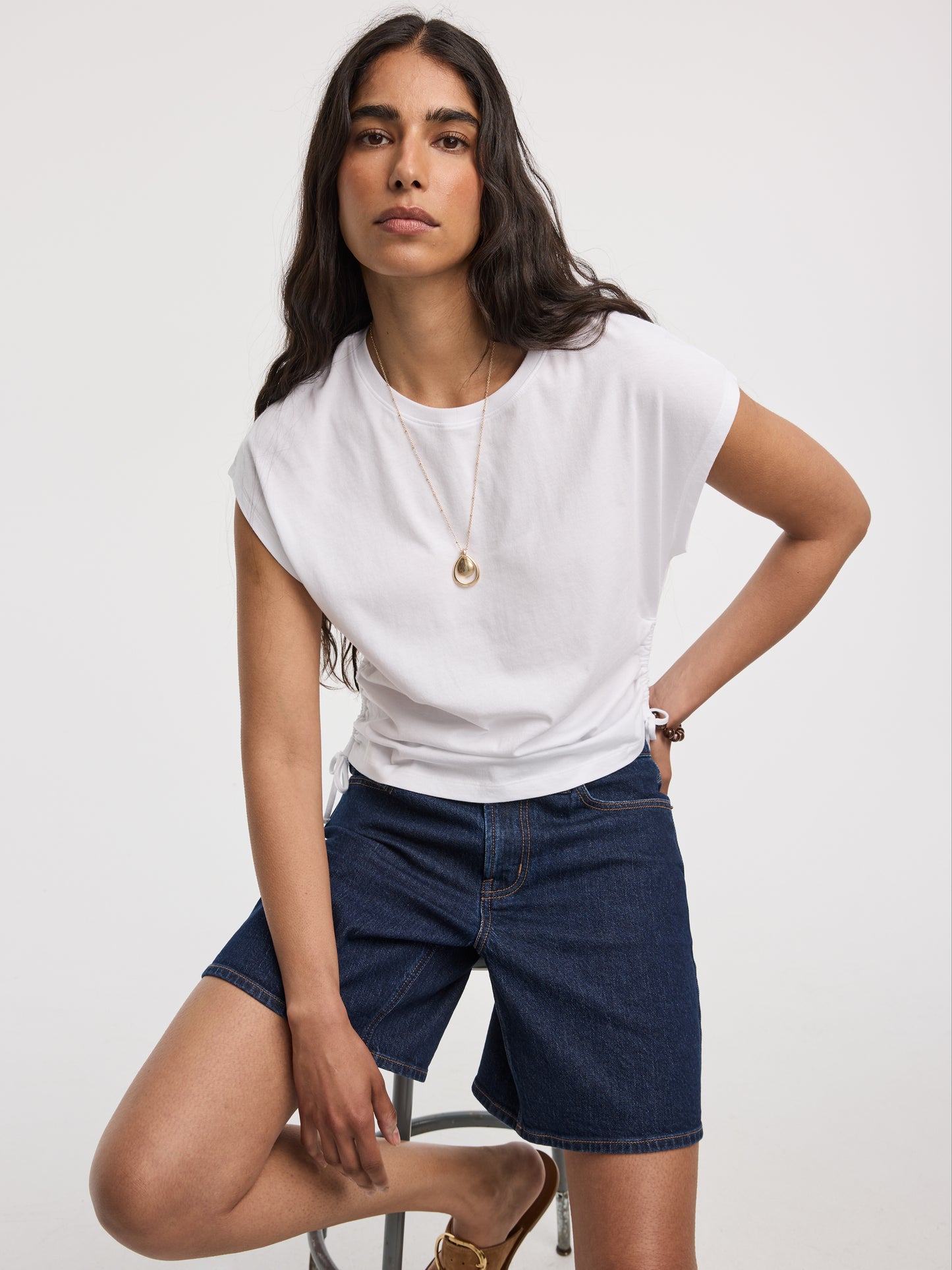 Extended-Sleeve Shirred Tee with Drawstrings