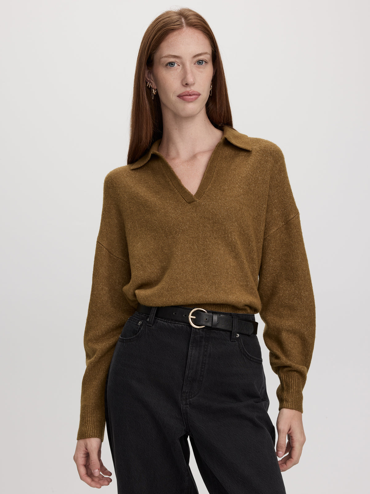 Long-Sleeve Boxy Sweater with Johnny Collar