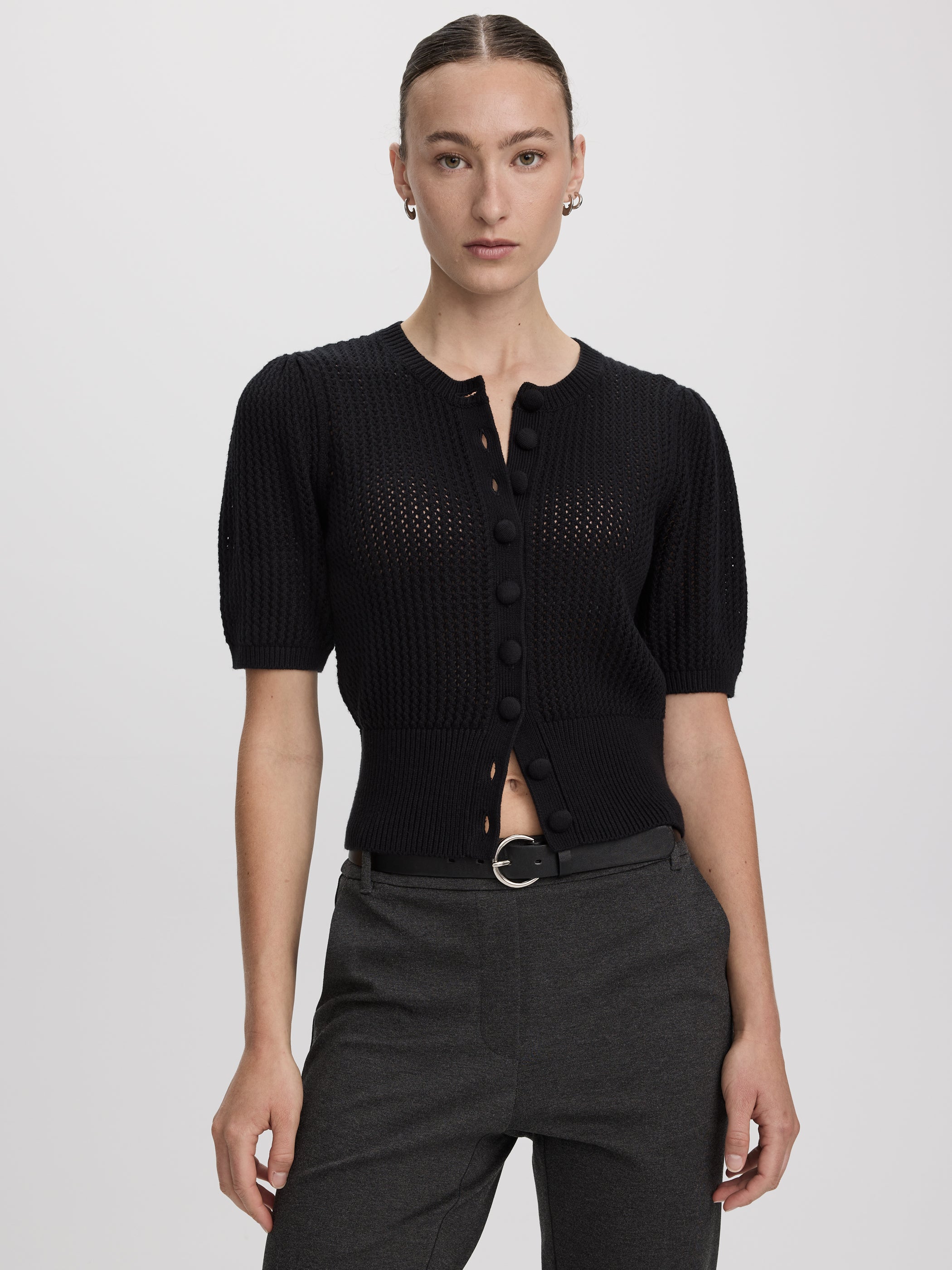 Short-Sleeve Crew-Neck Cardigan with Pointelle Stitches
