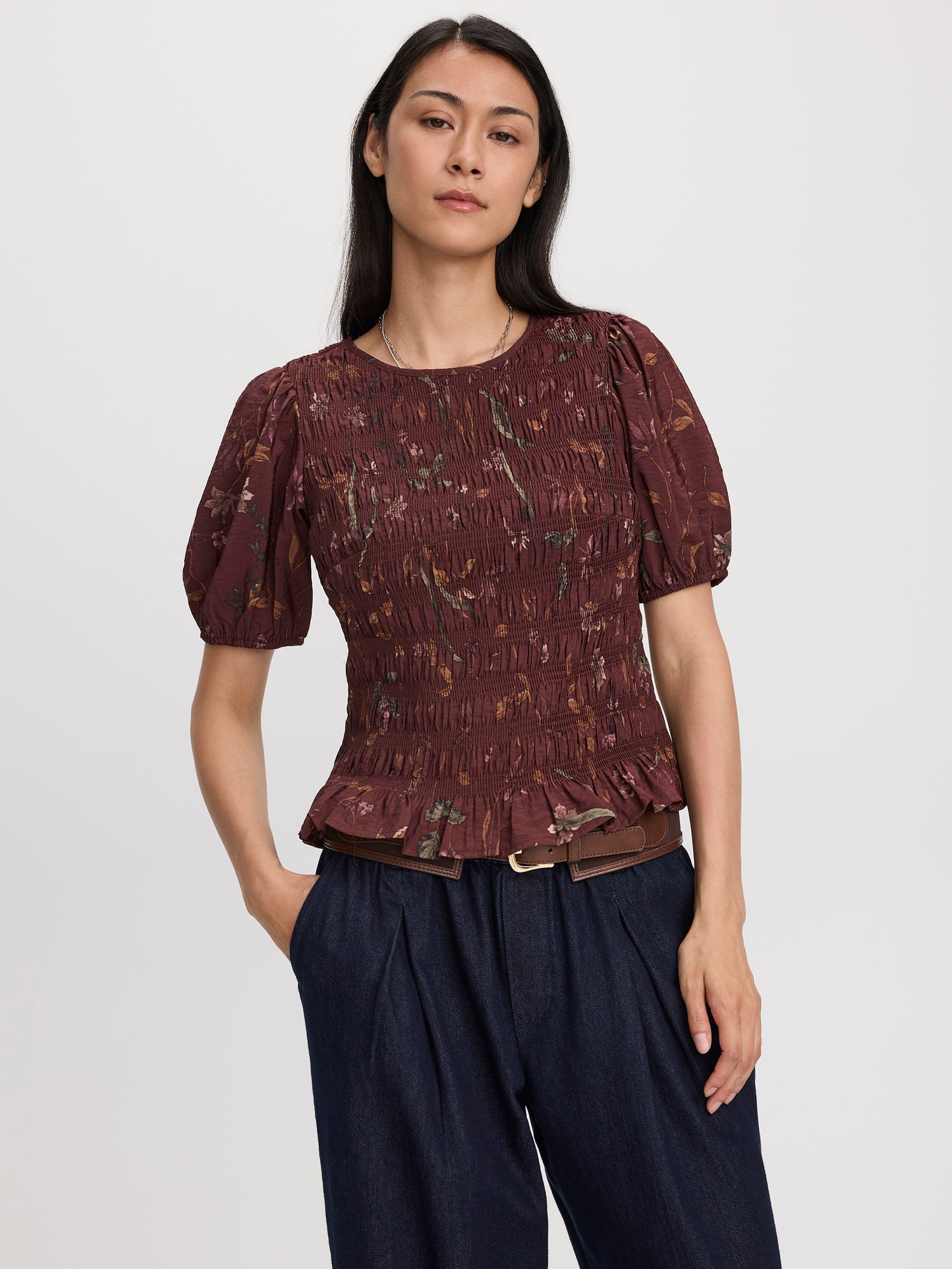 Smocked Blouse with Short Bubble Sleeves