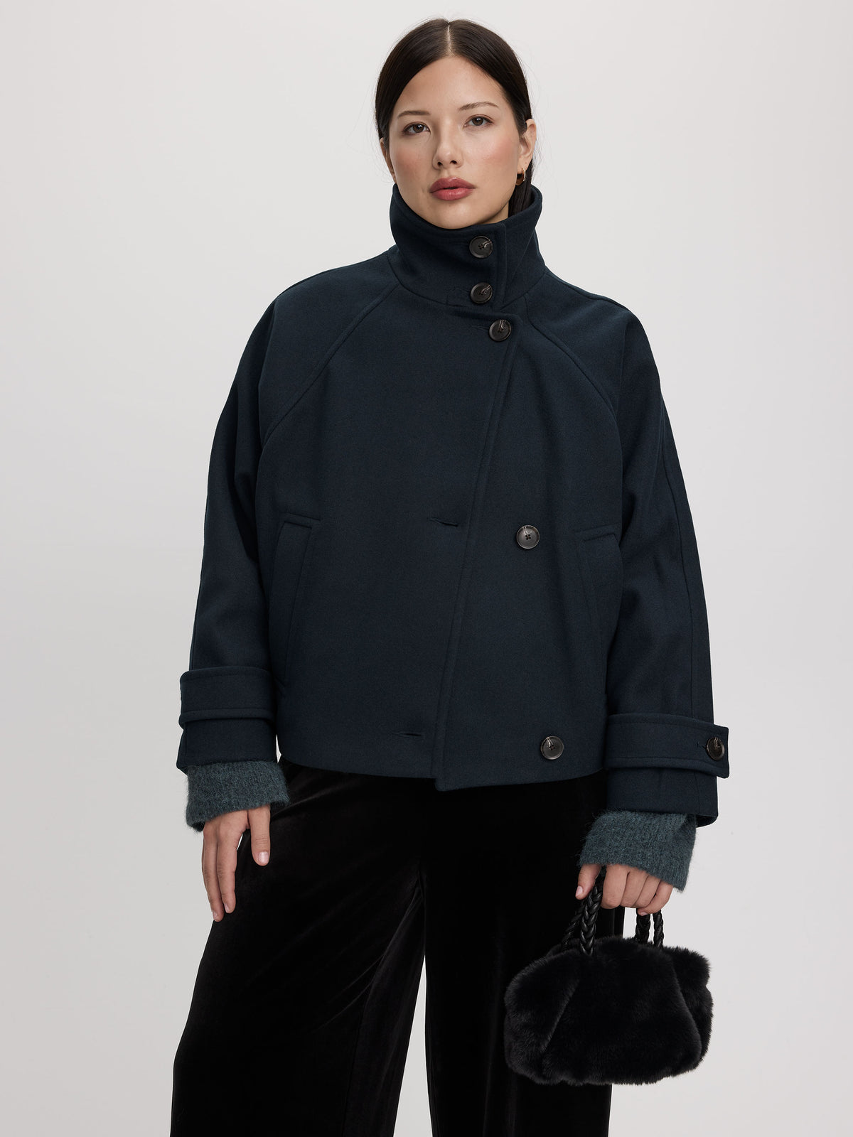 Mock-Neck Wool-Blend Coat