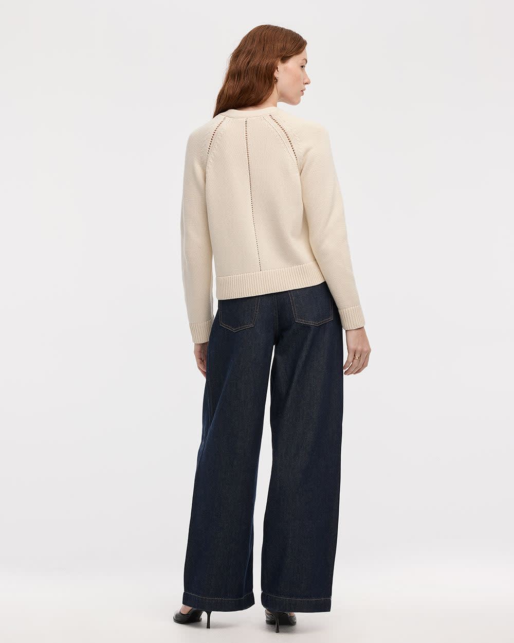 Long-Sleeve V-Neck Buttoned-Down Pointelle Cardigan