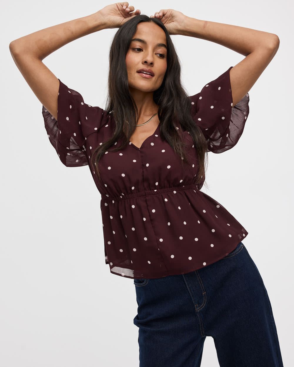 Short-Bubble-Sleeve V-Neck Blouse