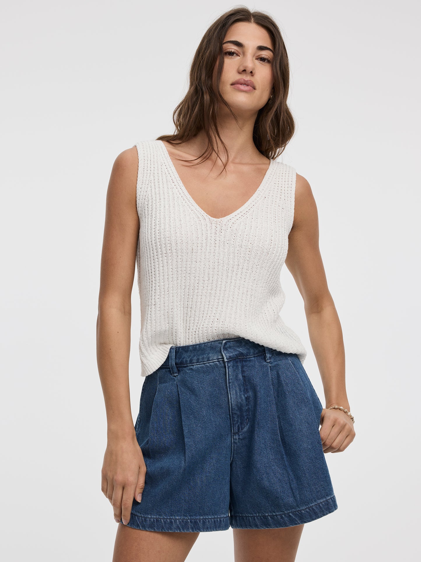 Pleated Denim Shorts