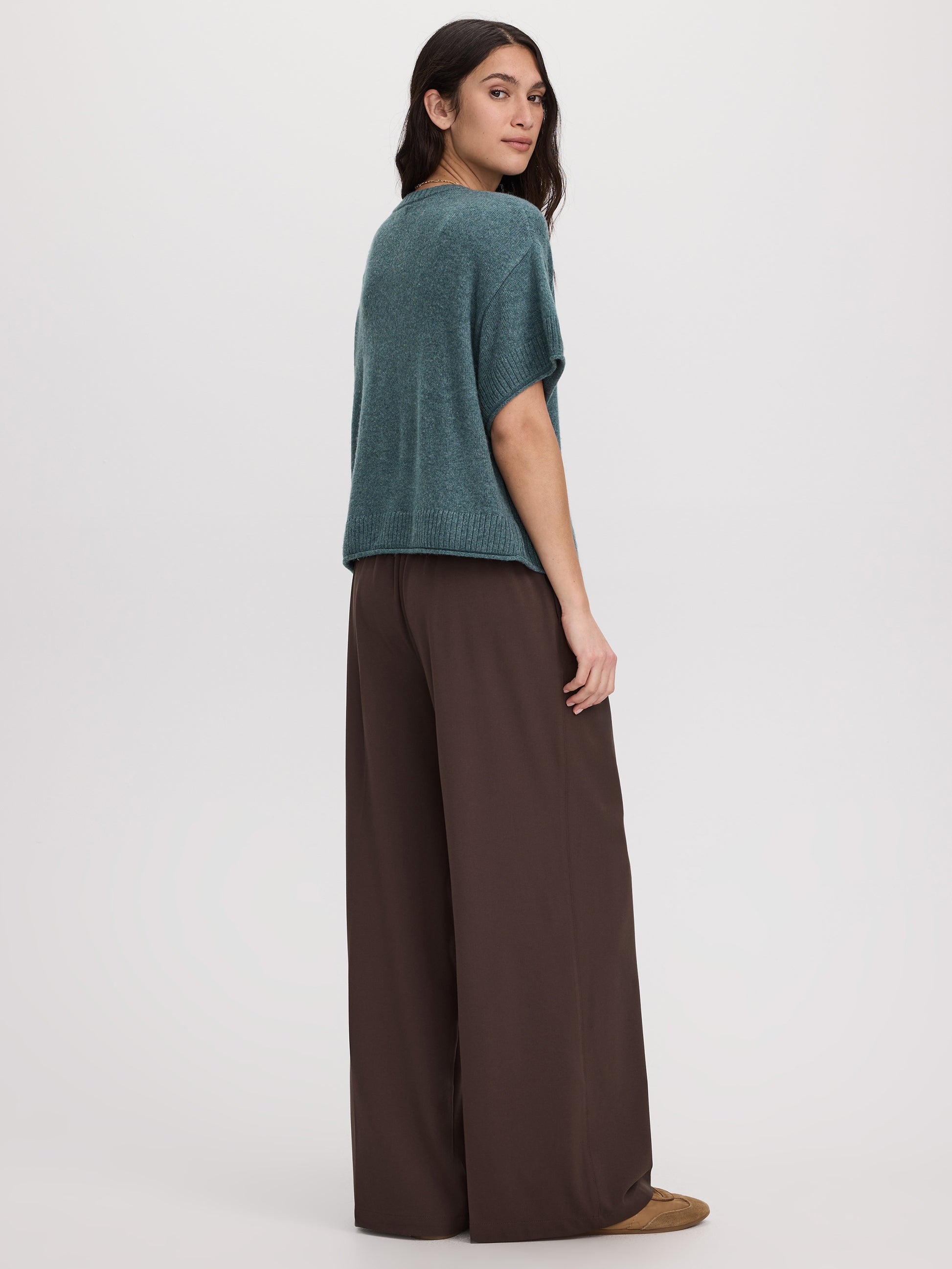 Cashmere-Blend Short-Sleeve Crew-Neck Loose Sweater