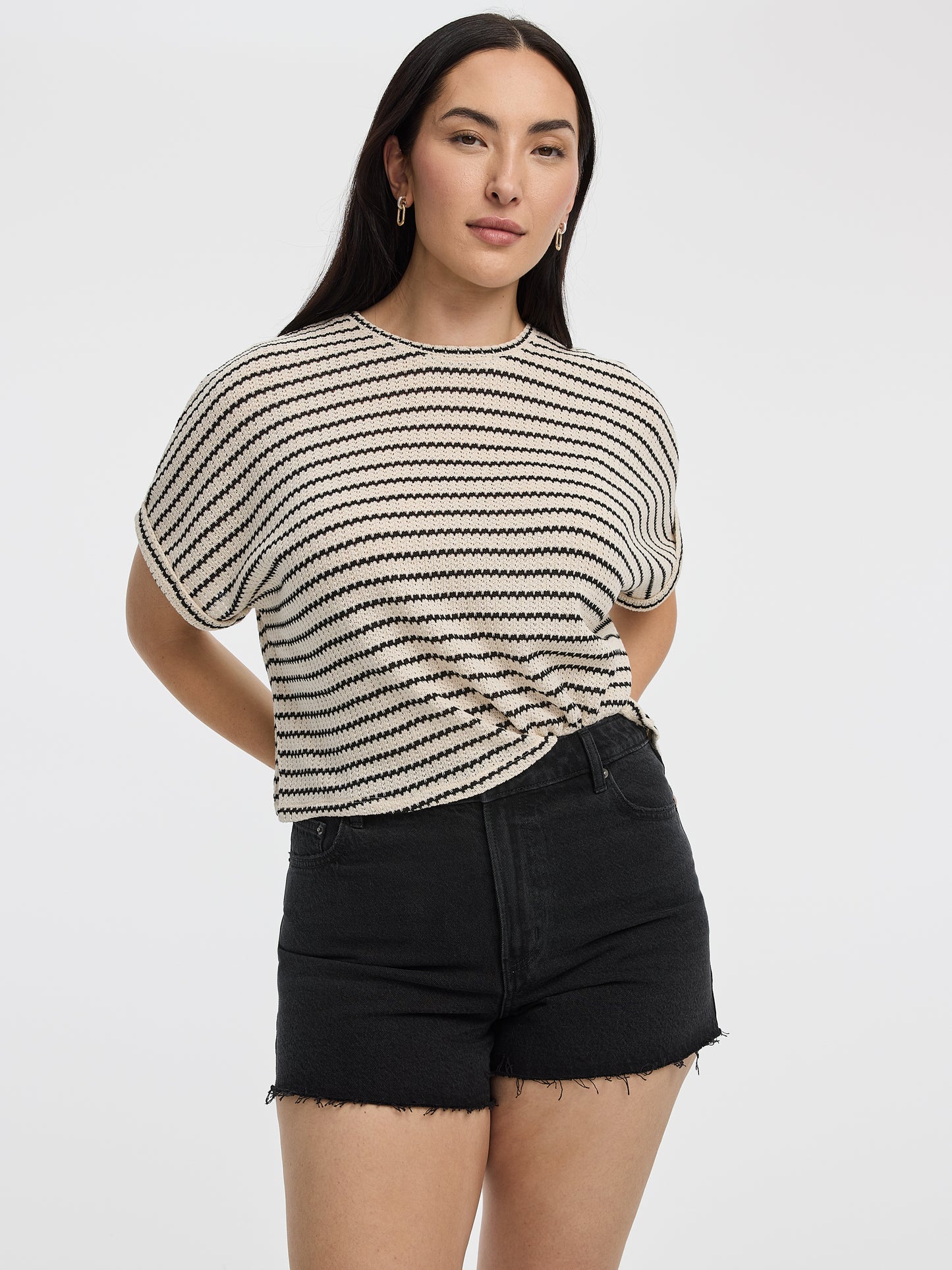 Striped Short-Dolman-Sleeve Crew-Neck Tee