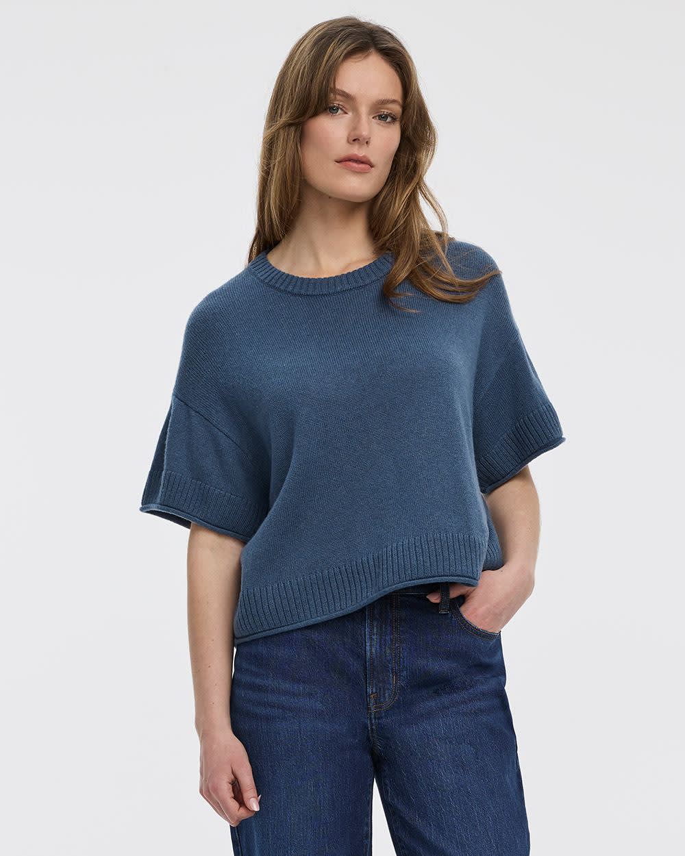 Cashmere-Blend Short-Sleeve Crew-Neck Loose Sweater