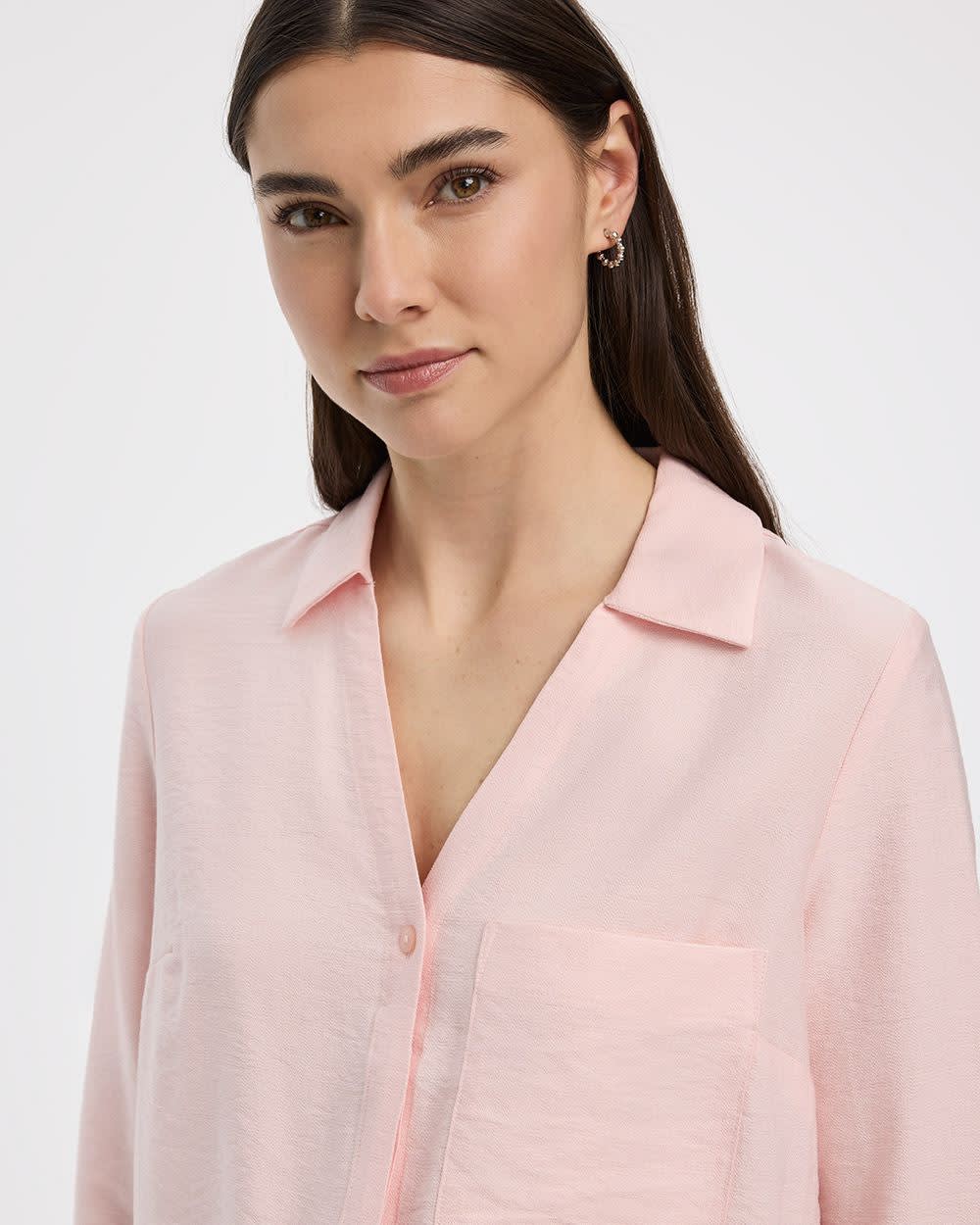 Long-Sleeve Split-Neck Blouse with Chest Pocket