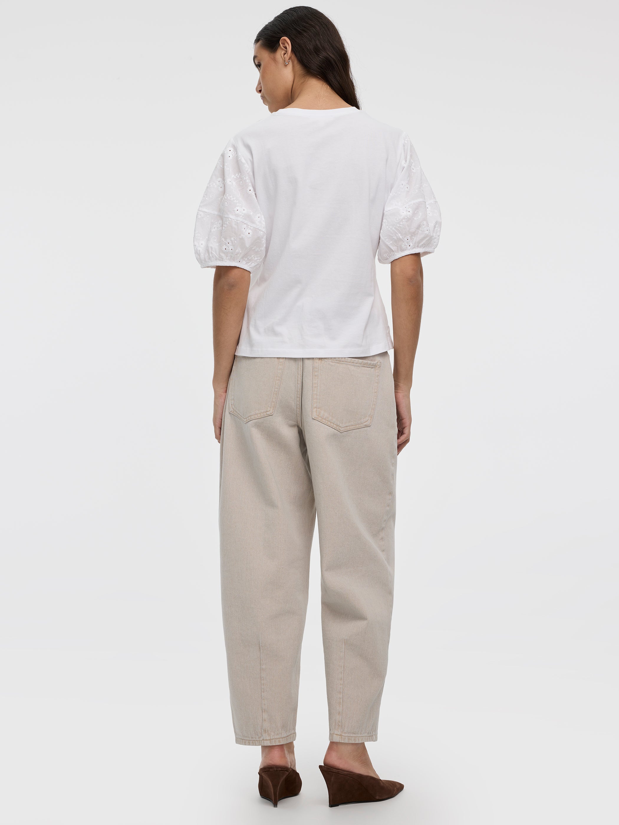 Crew-Neck Mix-Media Top with Short Puffy Sleeves