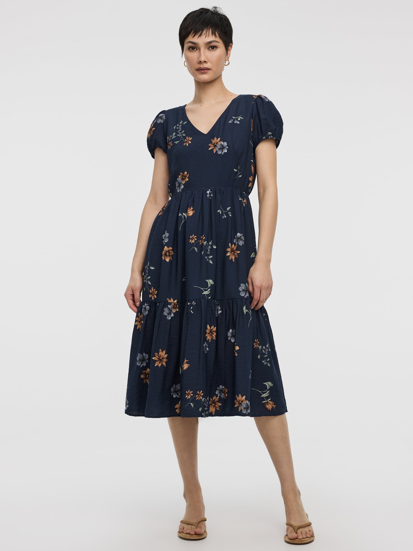 Short-Sleeve V-Neck Midi Dress