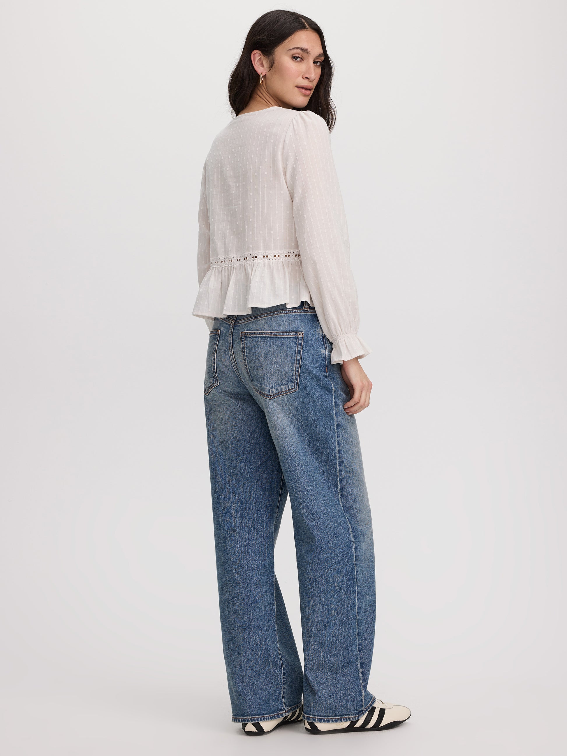 Long-Sleeve V-Neck Blouse with Lace Trims