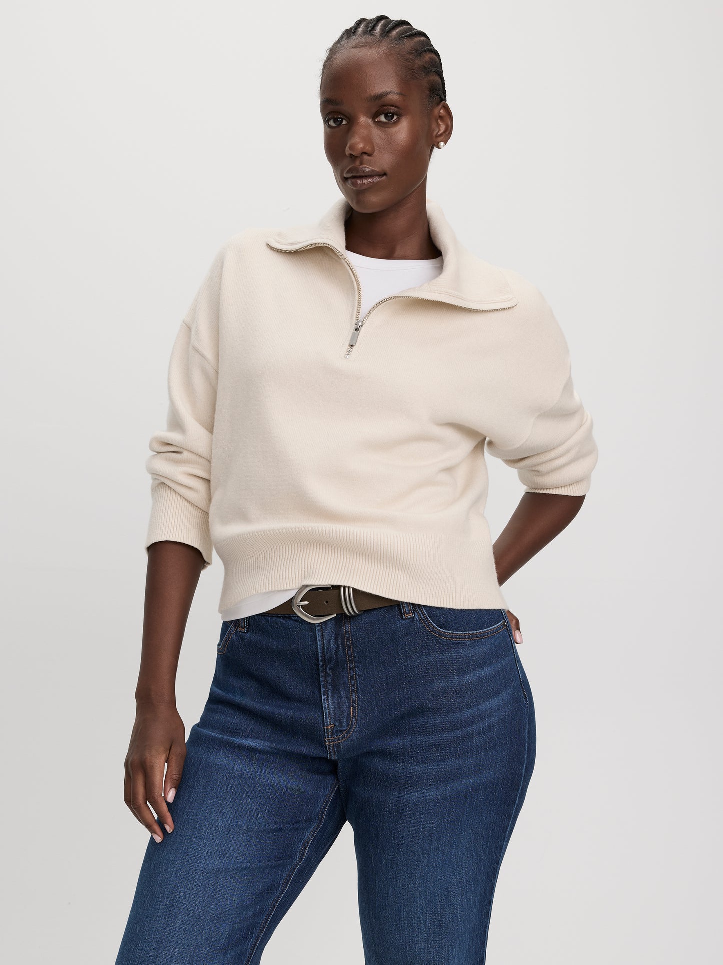 Long-Sleeve Half-Zip Mock-Neck Sweater