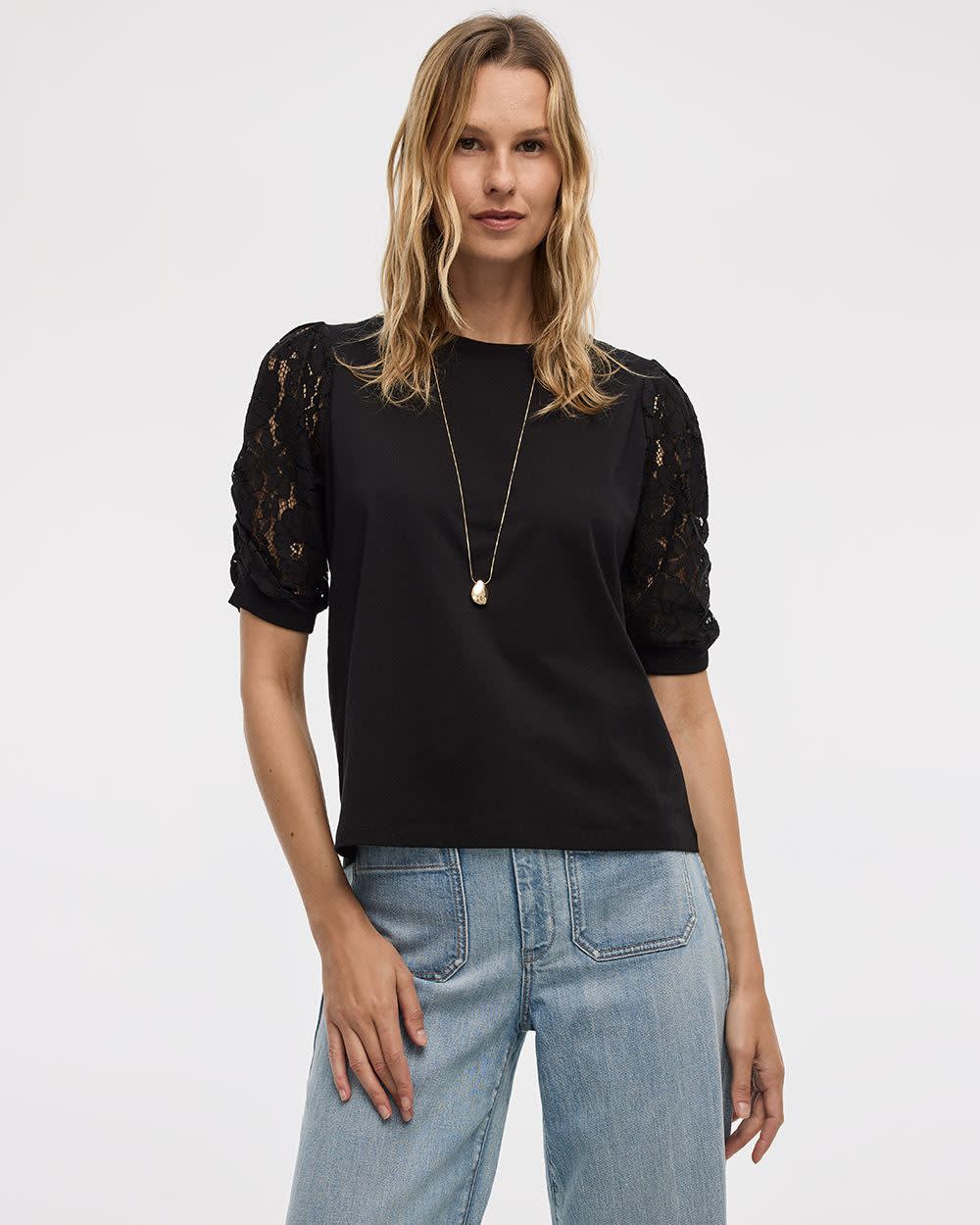 Crew-Neck Mix-Media T-Shirt with Puffy Elbow Sleeves