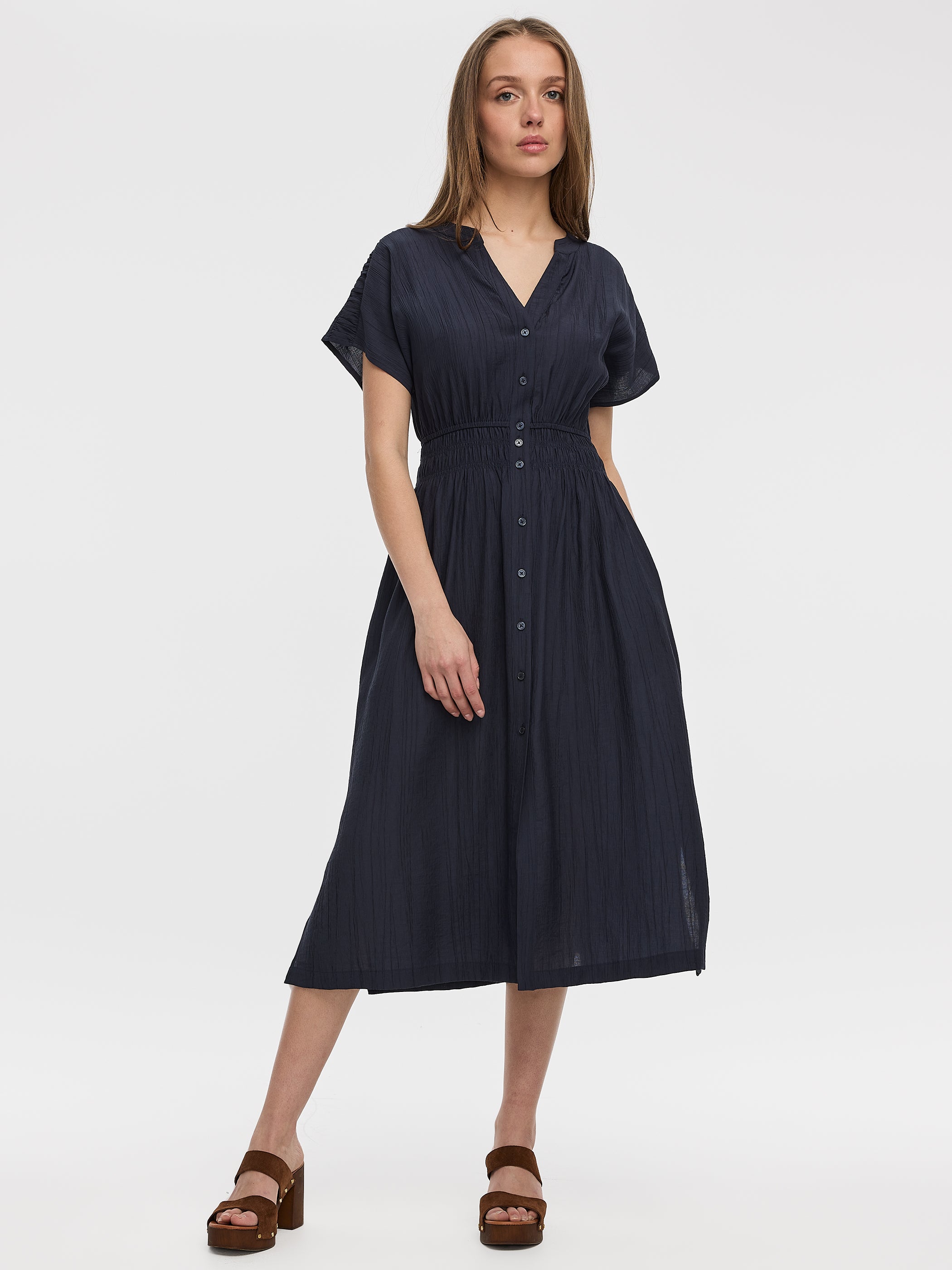 Elbow-Sleeve Midi Shirtdress