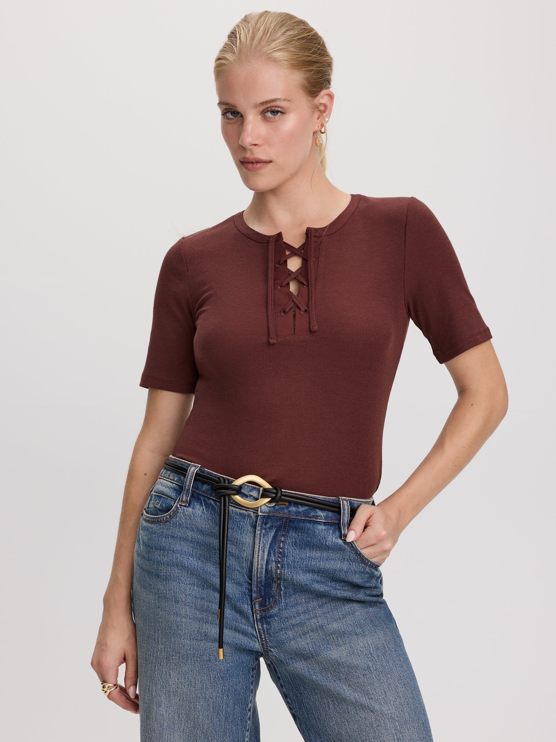 Short-Sleeve Top with Lace-Up Split Neckline