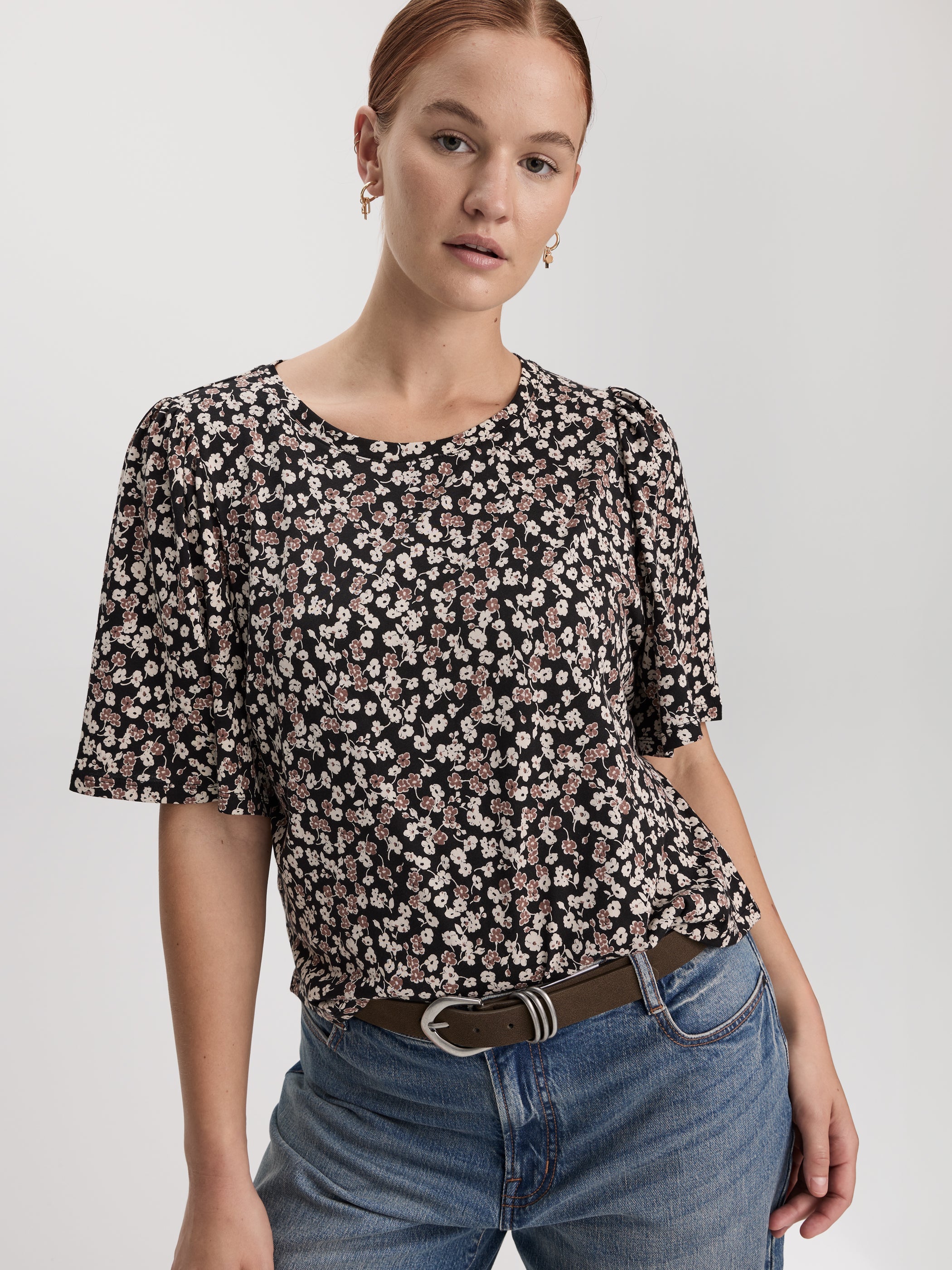 Crew-Neck Top with Short Flutter Sleeves