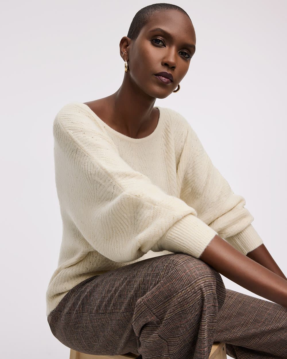 Long-Sleeve Boat-Neck Boxy Sweater with All-Over Sequins