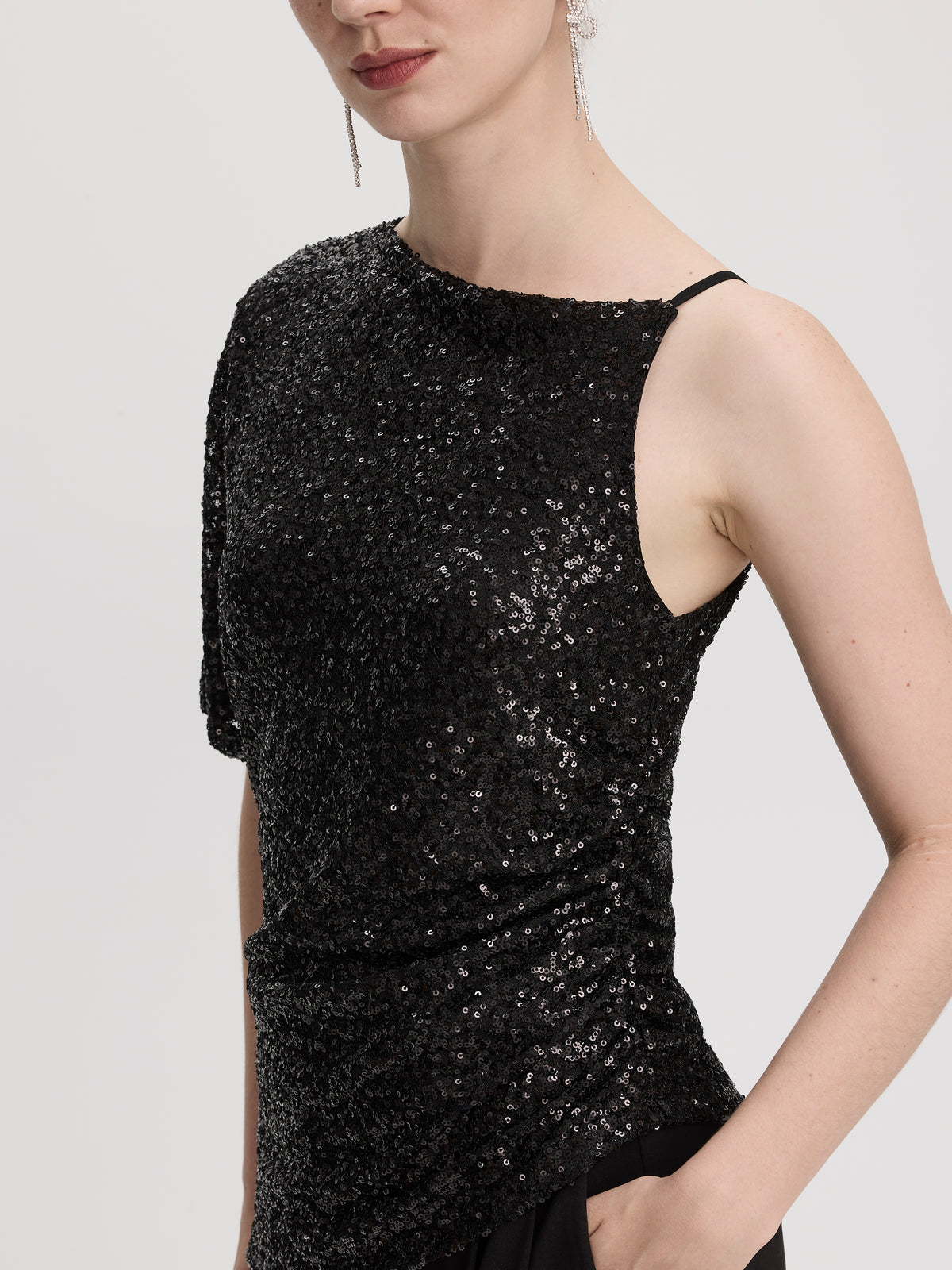 Asymmetrical-Neck Sequins Top