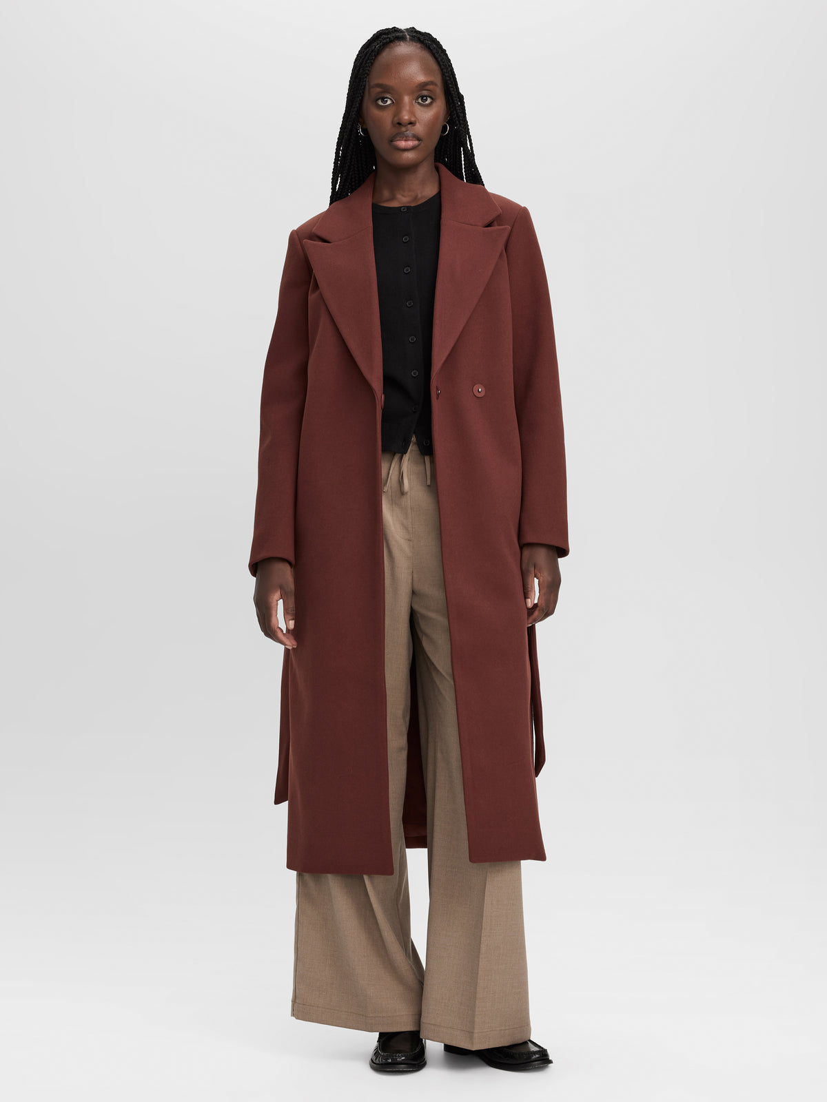 Wool-Blend Long Jacket with Sash